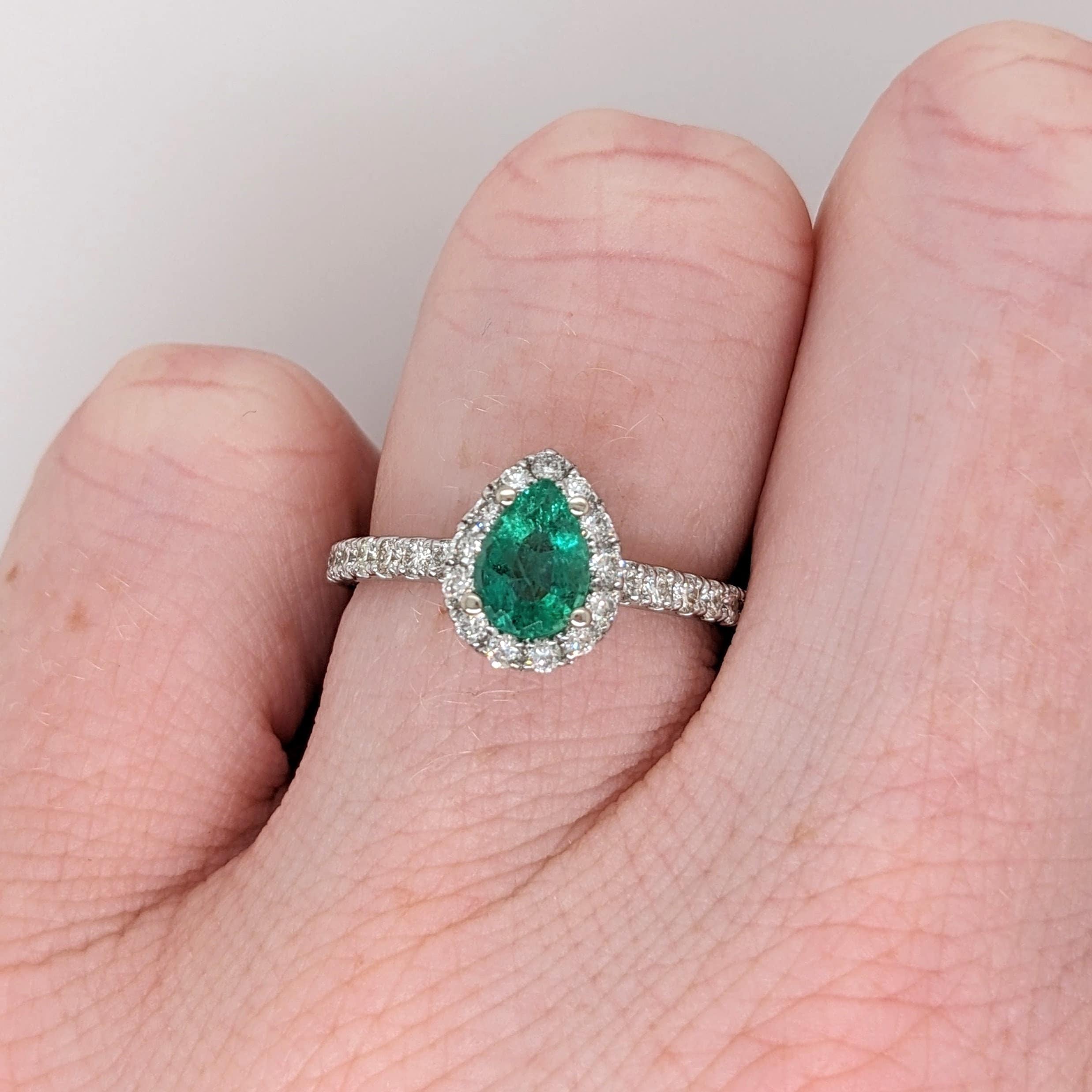 Pretty Emerald Ring in 14K Solid White Gold w a Natural Diamond Halo | Pear Cut 7x5mm | Engagement Ring | Statement Ring | May Birthstone |