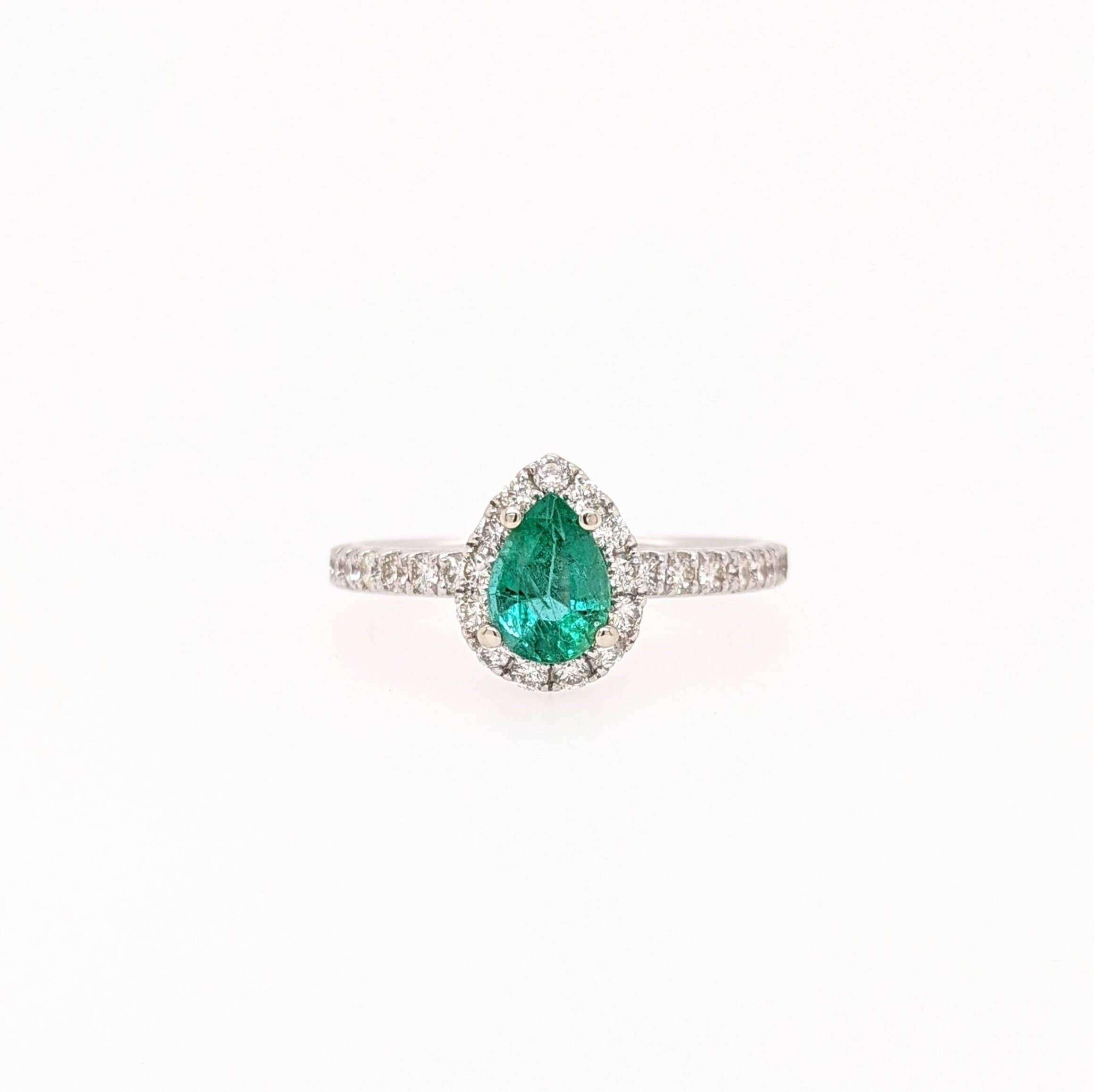 Pretty Emerald Ring in 14K Solid White Gold w a Natural Diamond Halo | Pear Cut 7x5mm | Engagement Ring | Statement Ring | May Birthstone |
