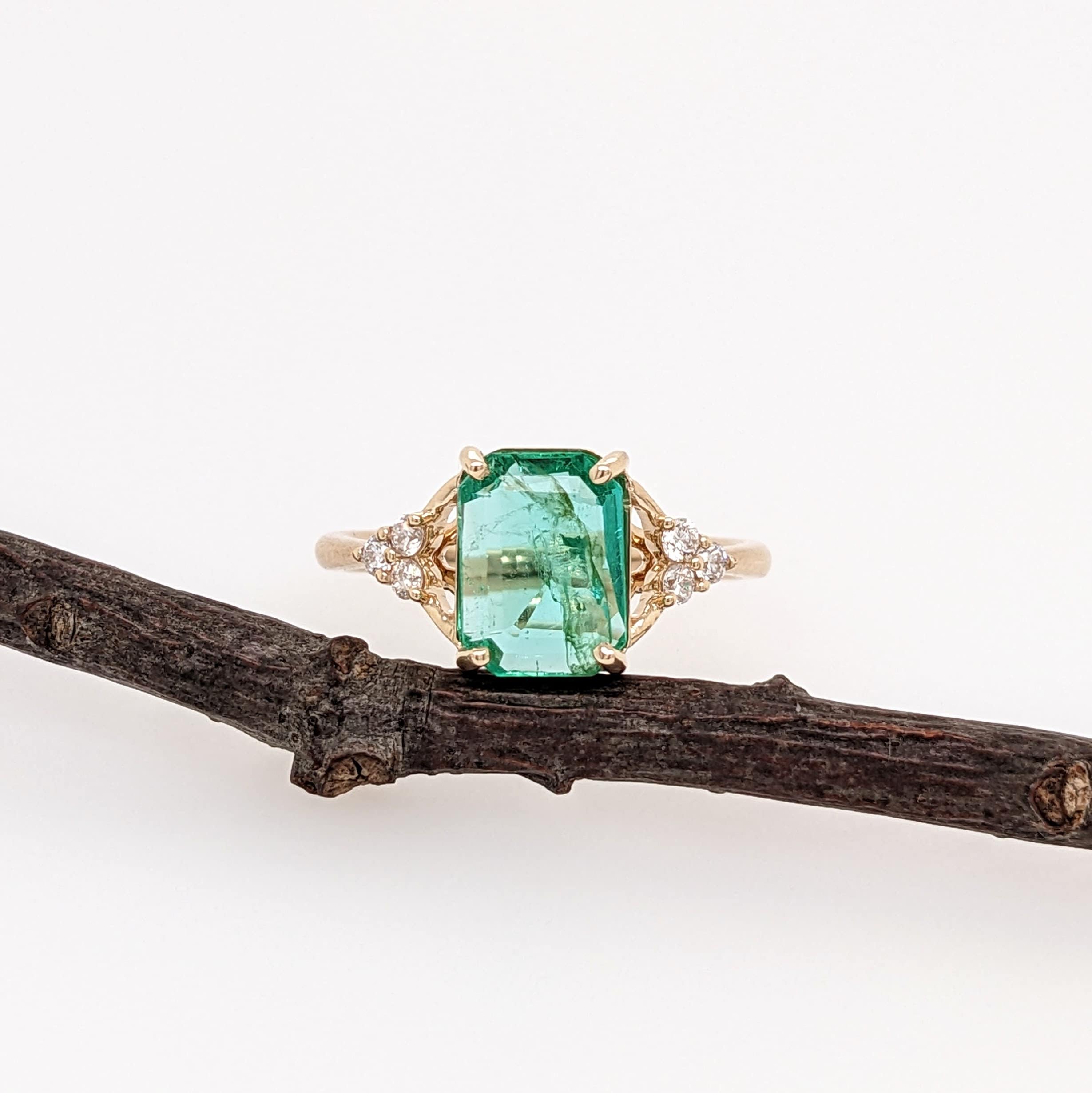 Classic Ethiopian Emerald Ring in Solid 14k Yellow Gold with Natural Diamond Accents | Emerald cut 9x7mm | May Birthstone | Dainty Ring