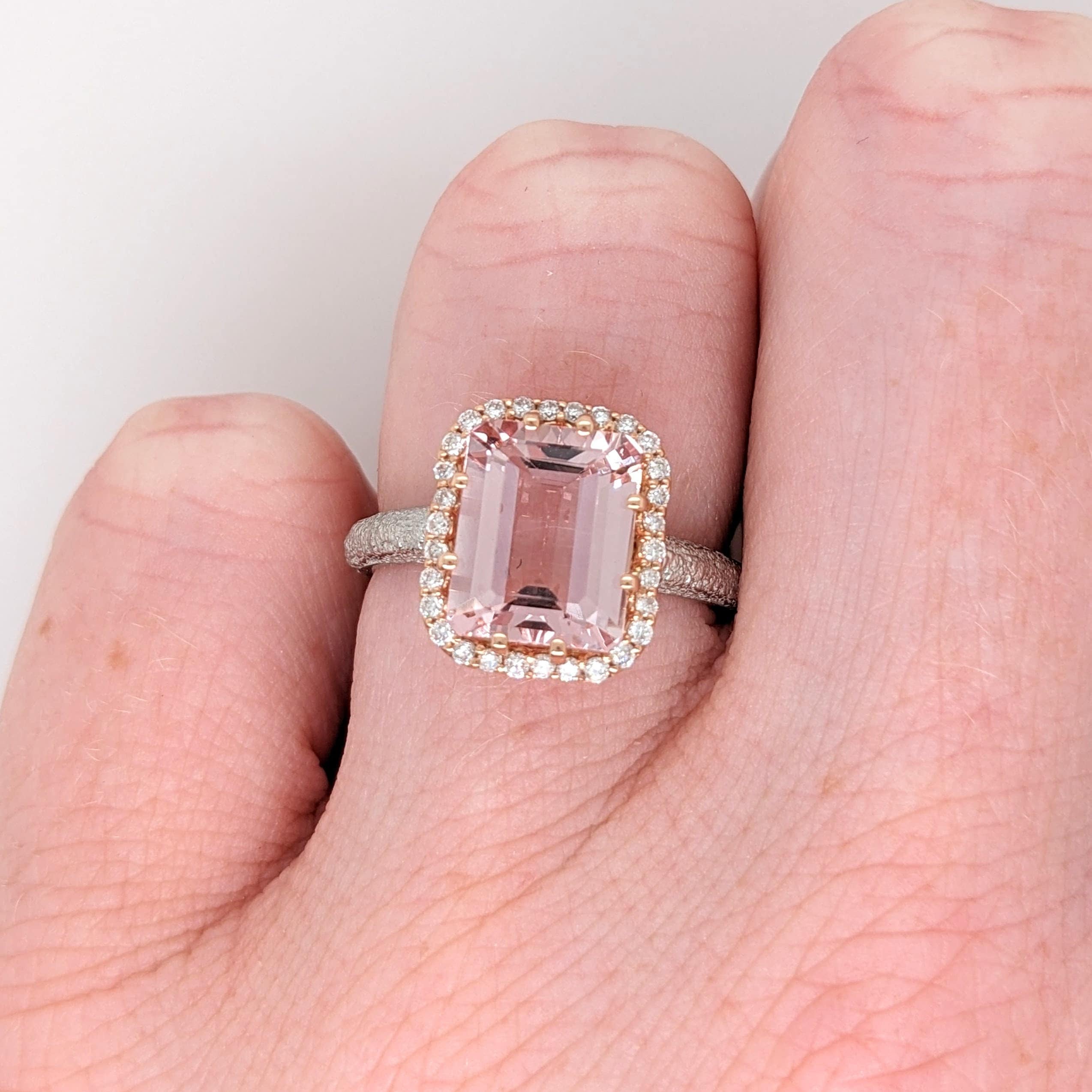 Nature Inspire Pink Morganite Ring with All Natural Diamond Accents in Halo in Solid 14K White and Rose Gold | Emerald Cut 10x8mm