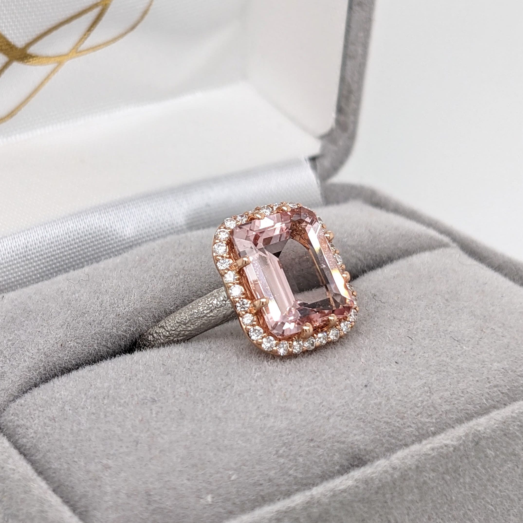 Nature Inspire Pink Morganite Ring with All Natural Diamond Accents in Halo in Solid 14K White and Rose Gold | Emerald Cut 10x8mm