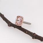 Nature Inspire Pink Morganite Ring with All Natural Diamond Accents in Halo in Solid 14K White and Rose Gold | Emerald Cut 10x8mm