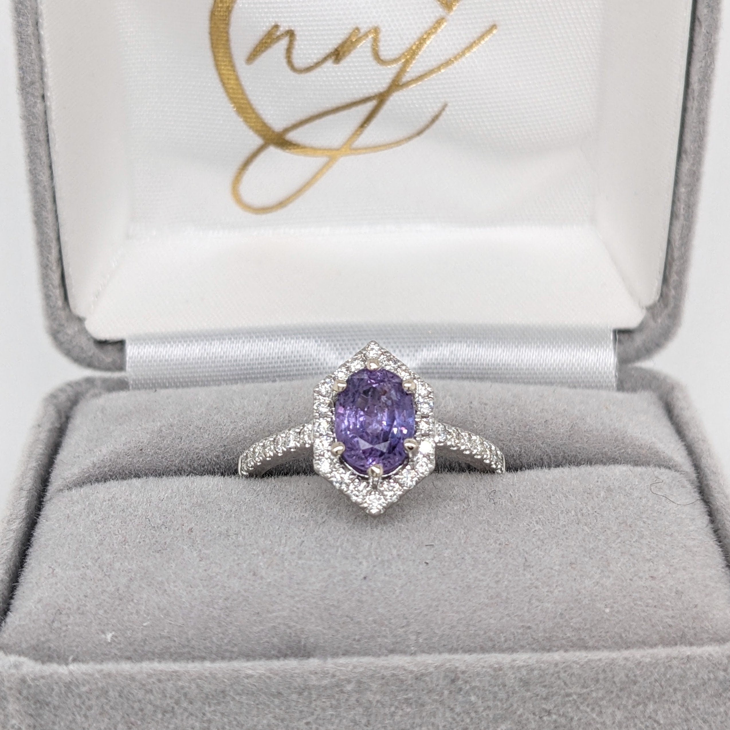 Beautiful Purple Sapphire Ring w Natural Diamond Halo in Solid 14k White Gold | Oval 8x6mm | Pave Band | September Stone | Purple Gemstone