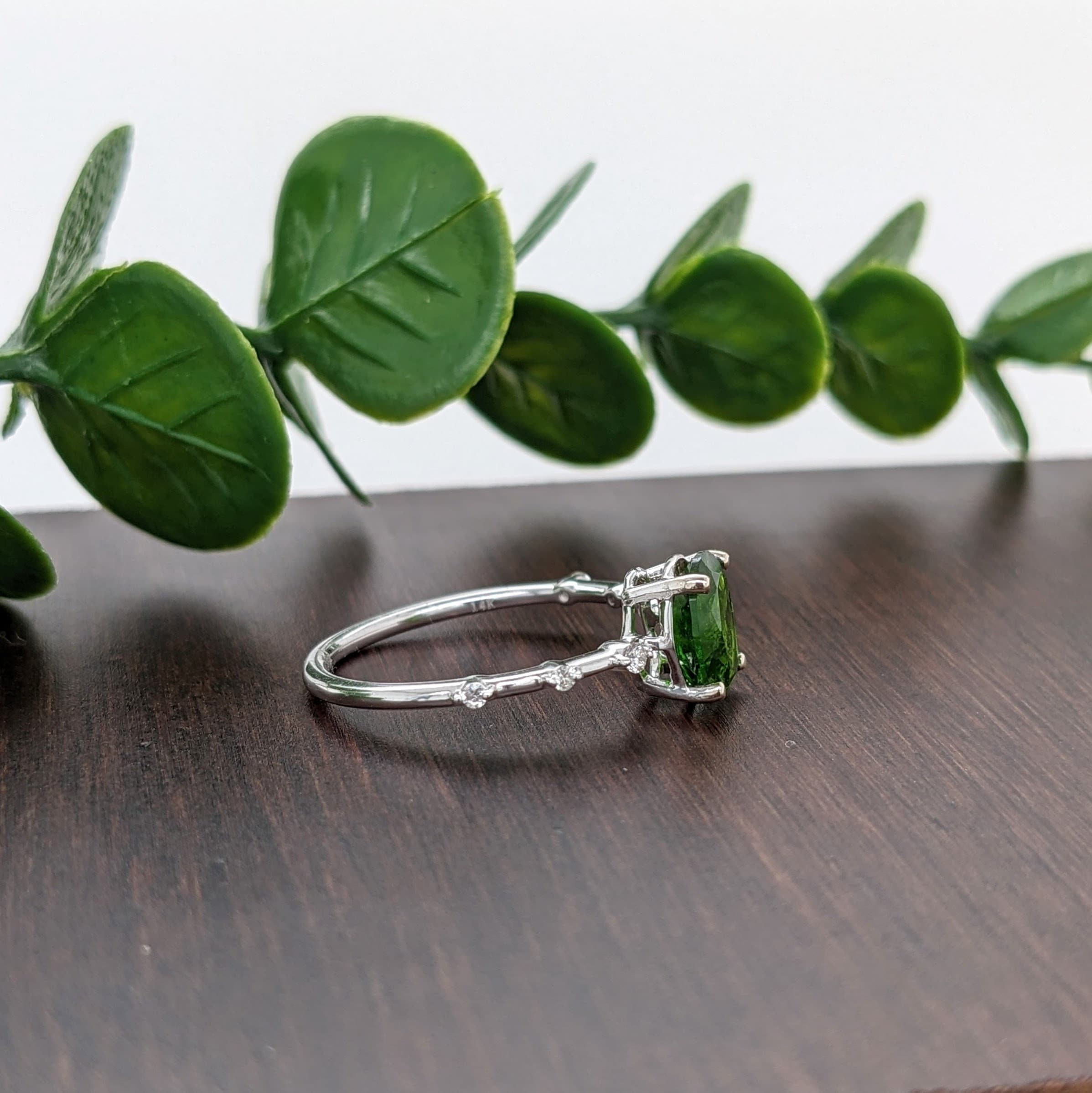 Minimalist Green Tsavorite Ring with All Natural Diamond Accents in Solid 14k White Gold | Dainty | Green Garnet | January Birthstone
