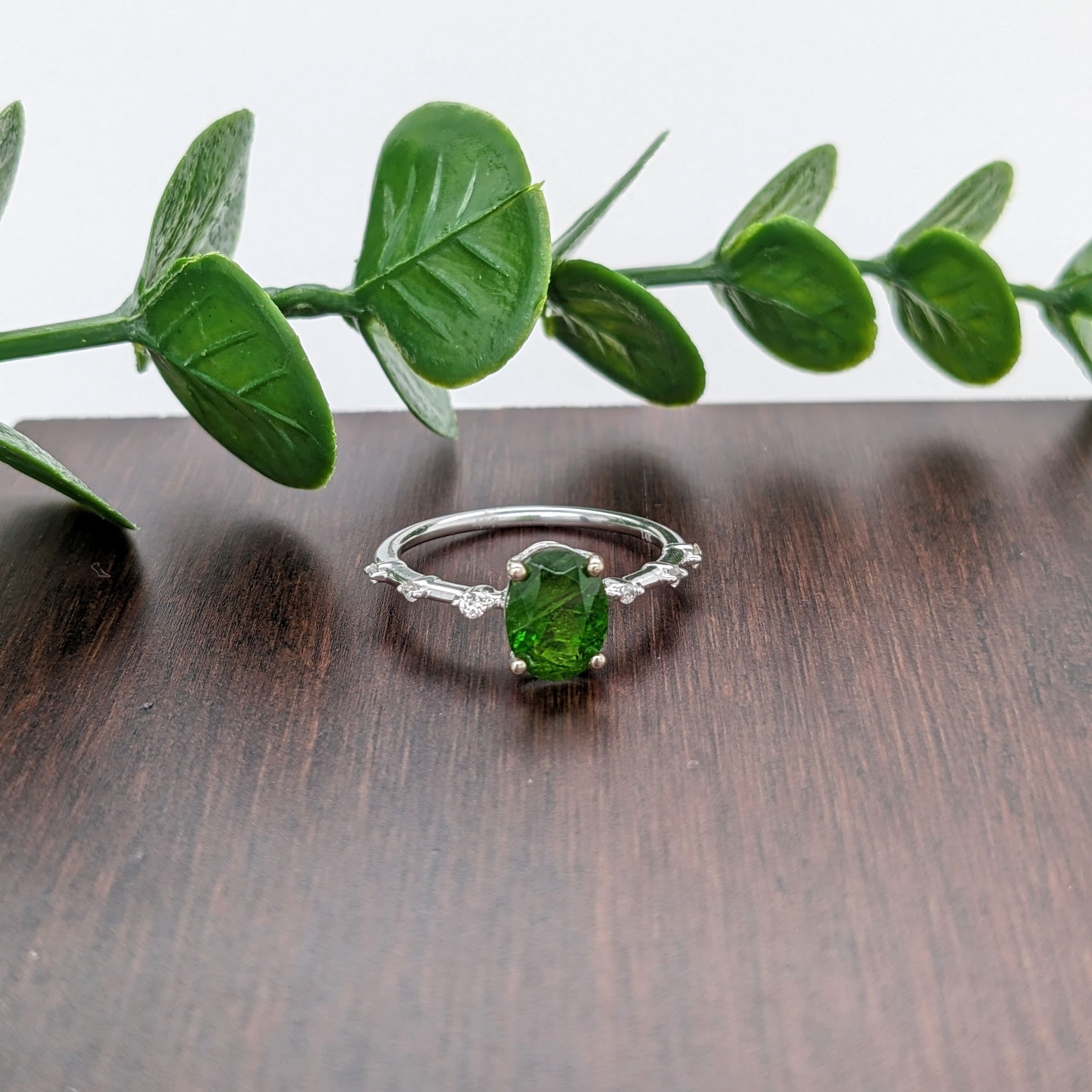 Minimalist Green Tsavorite Ring with All Natural Diamond Accents in Solid 14k White Gold | Dainty | Green Garnet | January Birthstone