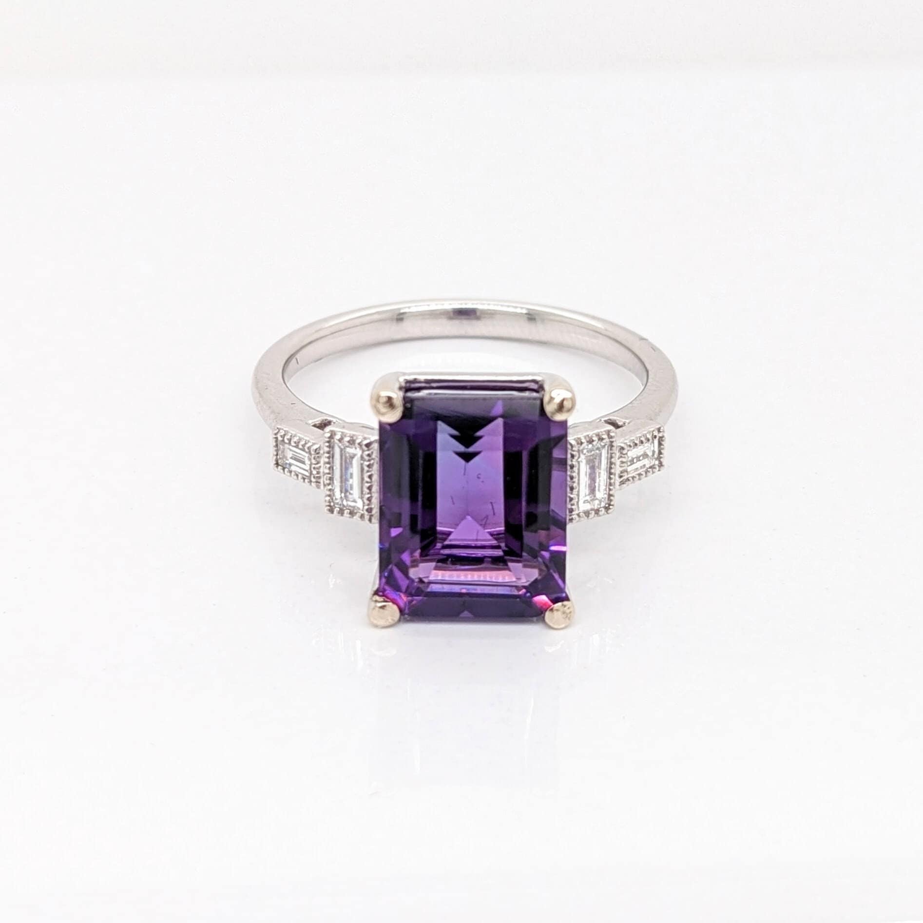Deep Purple Amethyst Ring in Solid 14k White Gold w Natural Diamond Accents | Emerald Cut 10x8 | February Birthday | Statement Ring