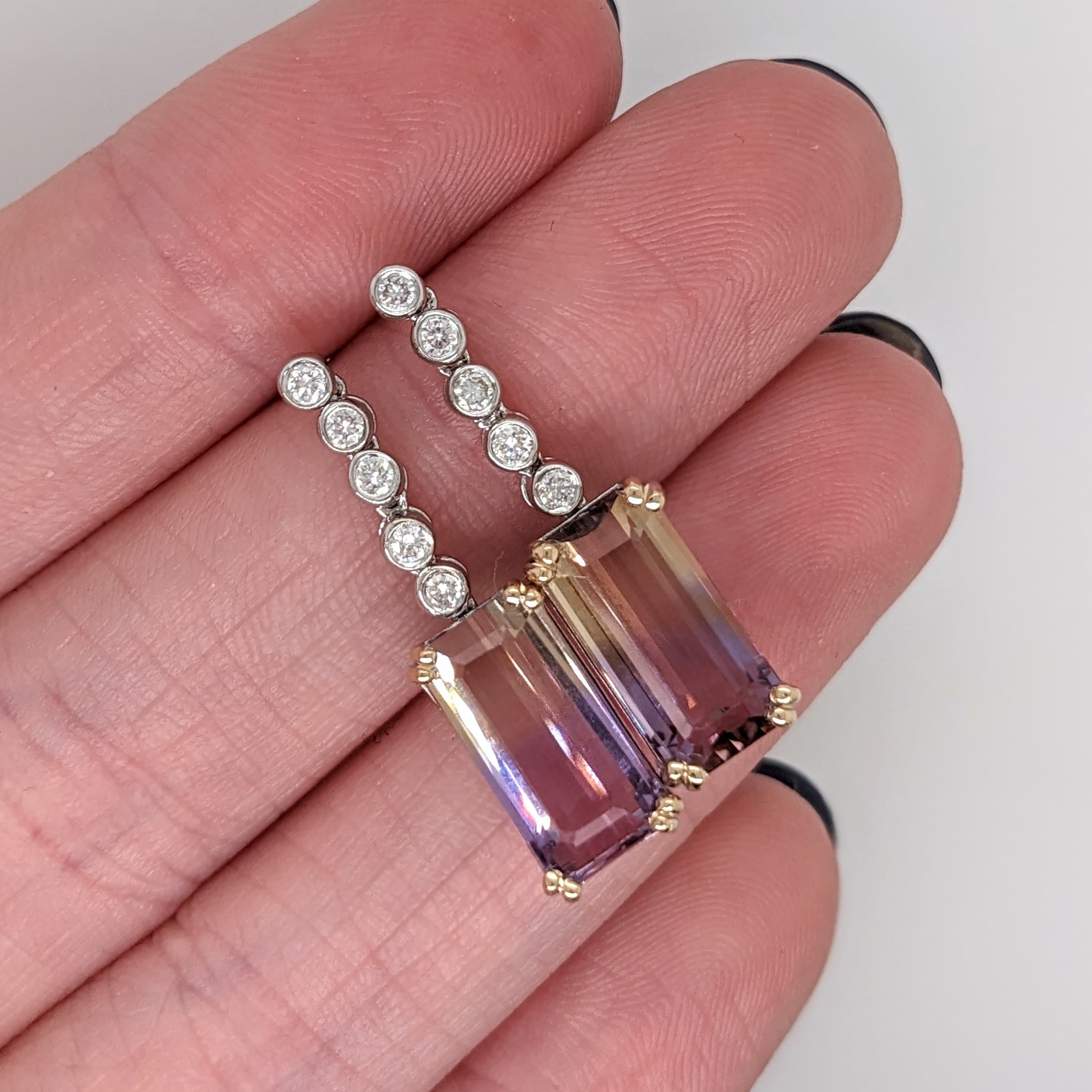 Stunning Ametrine Dangle Earrings in 14K White Gold w Natural Diamond Accents | Emerald Cut 13x6.5mm | Dual Tone Gems | One of a Kind Set