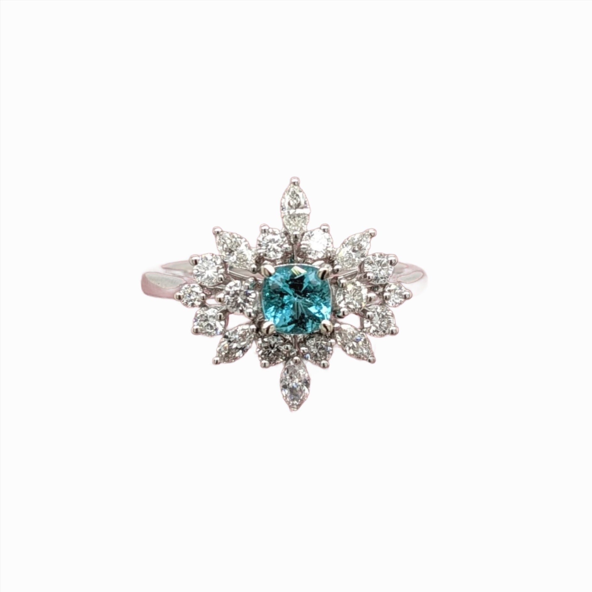 Paraiba Color Tourmaline Snowflake Ring Accented with Natural Diamonds in Solid 14k White Gold | Cushion 4.5mm | October Birthstone | Blue