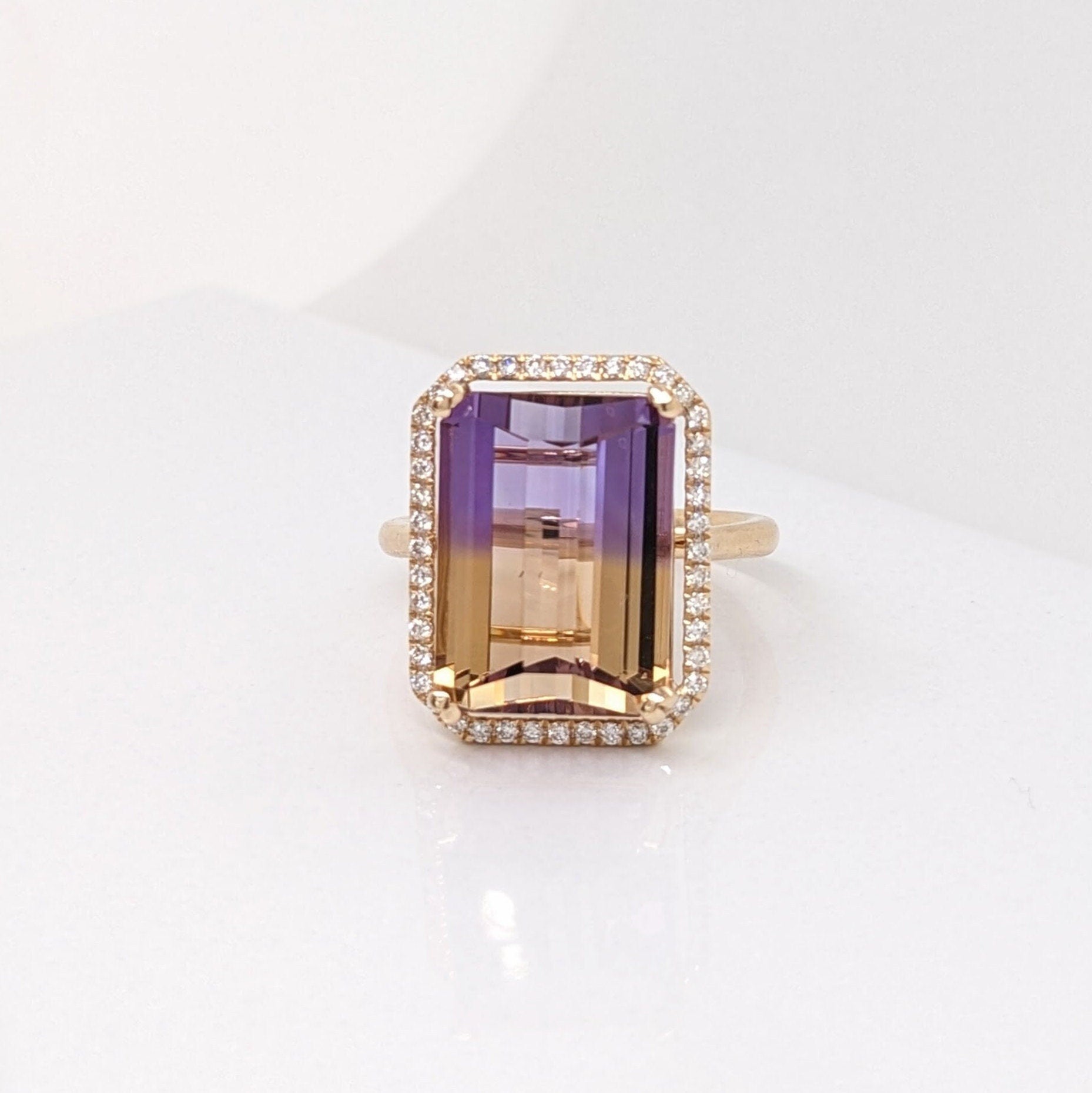 Statement Ametrine Ring w All Natural Diamond Halo in Solid 14k Yellow Gold | Barrel Cut | Double Prong | February Birthstone | Bi Color
