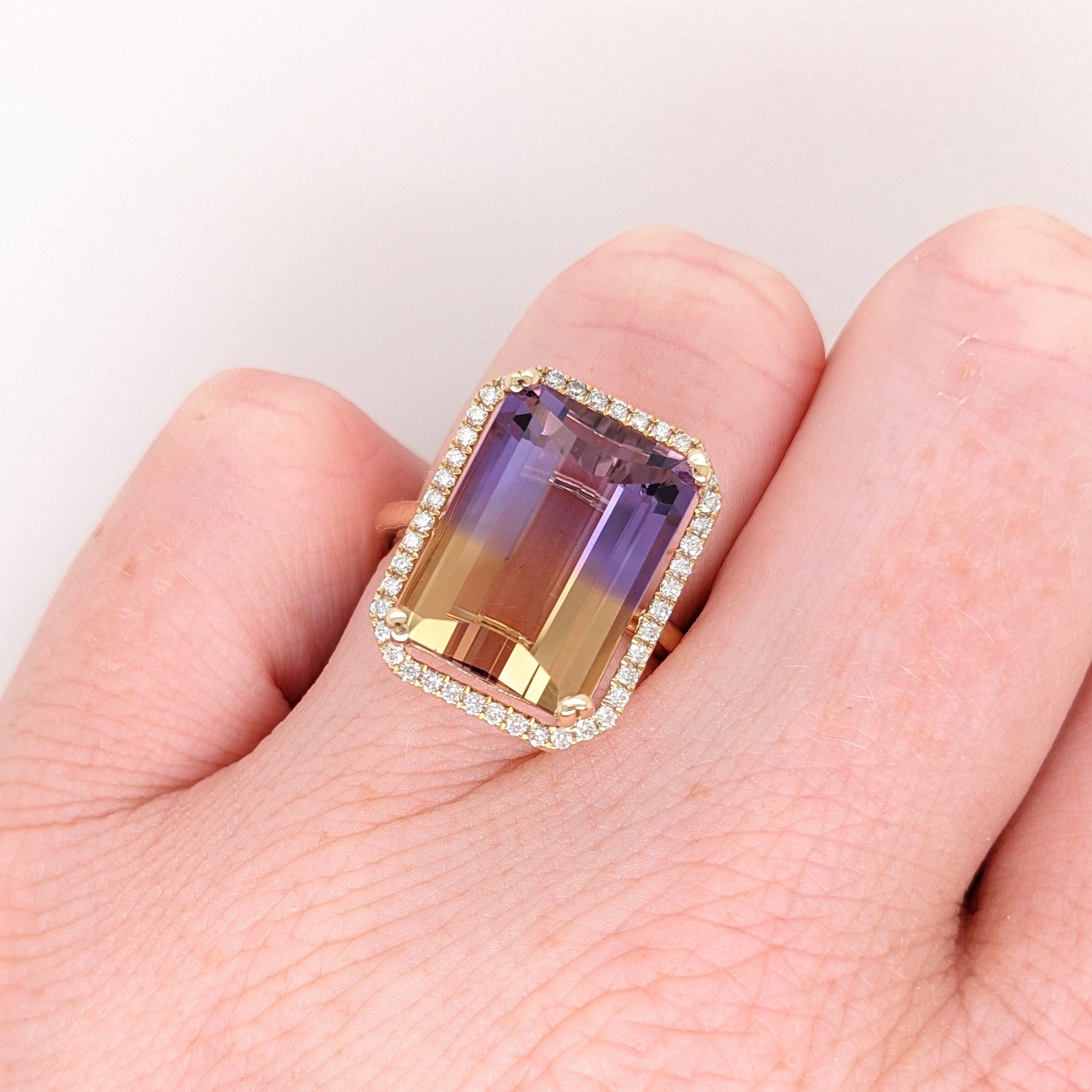 Statement Ametrine Ring w All Natural Diamond Halo in Solid 14k Yellow Gold | Barrel Cut | Double Prong | February Birthstone | Bi Color