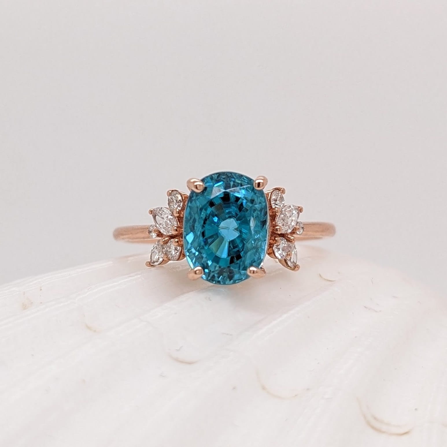 Beautiful Natural Blue Zircon Ring in 14K Gold w Natural Diamond Accent Halo | Oval 9x7mm | Nature Themed | December Birthstone |