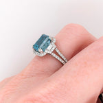Mesmerizing Blue Zircon in Platinum w Natural Diamonds | Emerald Cut 9x7mm | December Birthstone | Split Shank | Engagement Ring