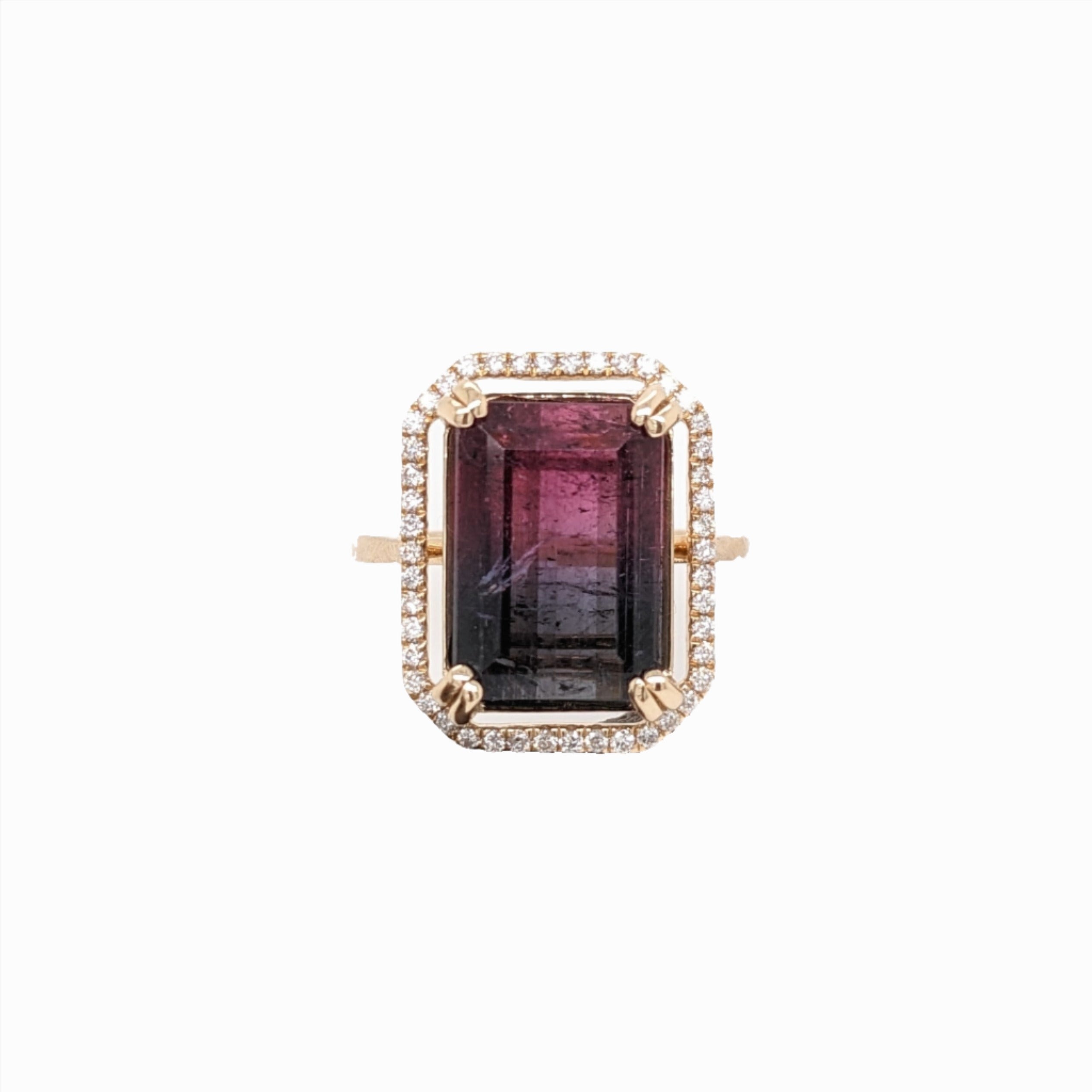 BiColor Tourmaline Ring w All Natural Diamond Halo in Solid 14k Yellow Gold | Emerald Cut | Double Prong | October Birthstone | Black & Pink