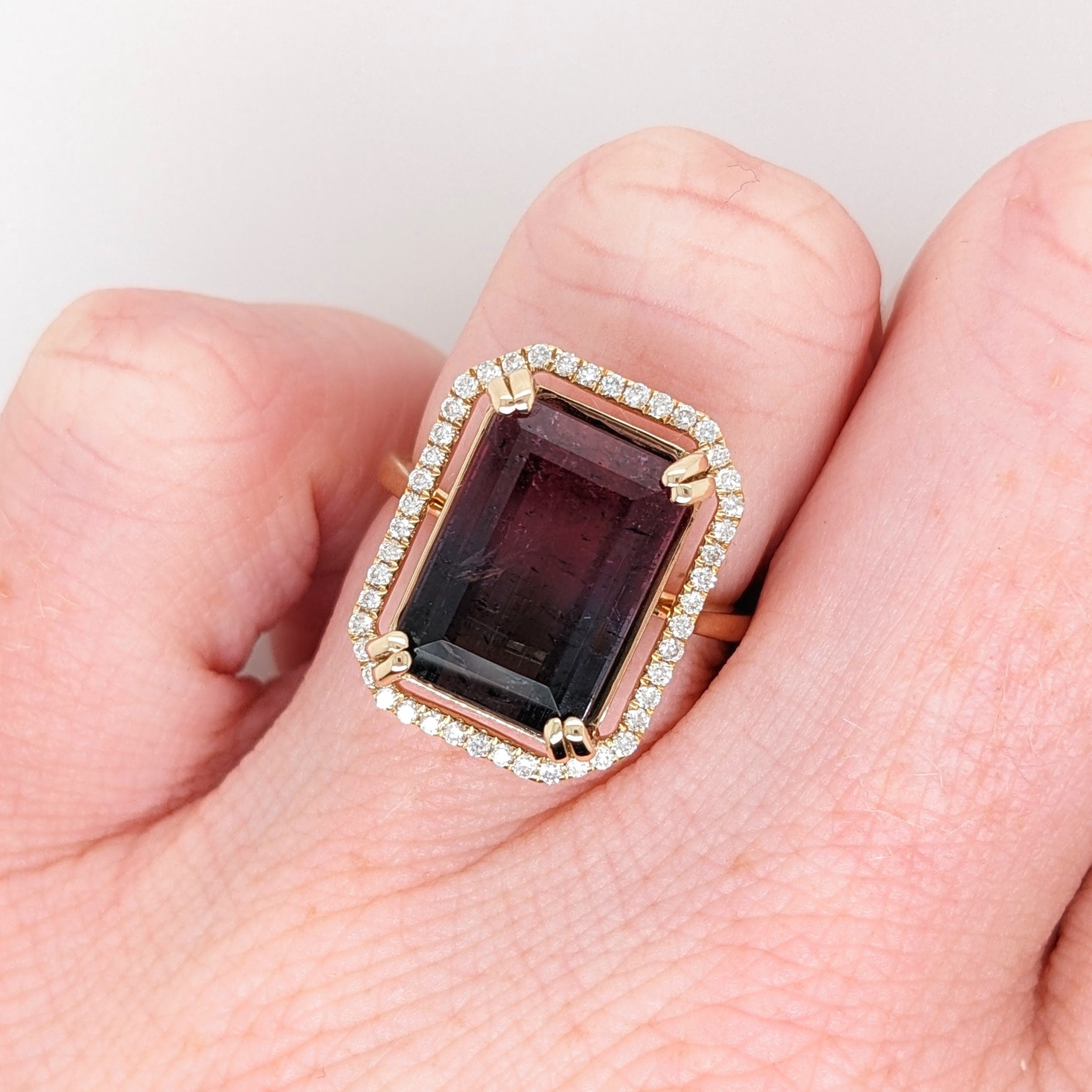BiColor Tourmaline Ring w All Natural Diamond Halo in Solid 14k Yellow Gold | Emerald Cut | Double Prong | October Birthstone | Black & Pink