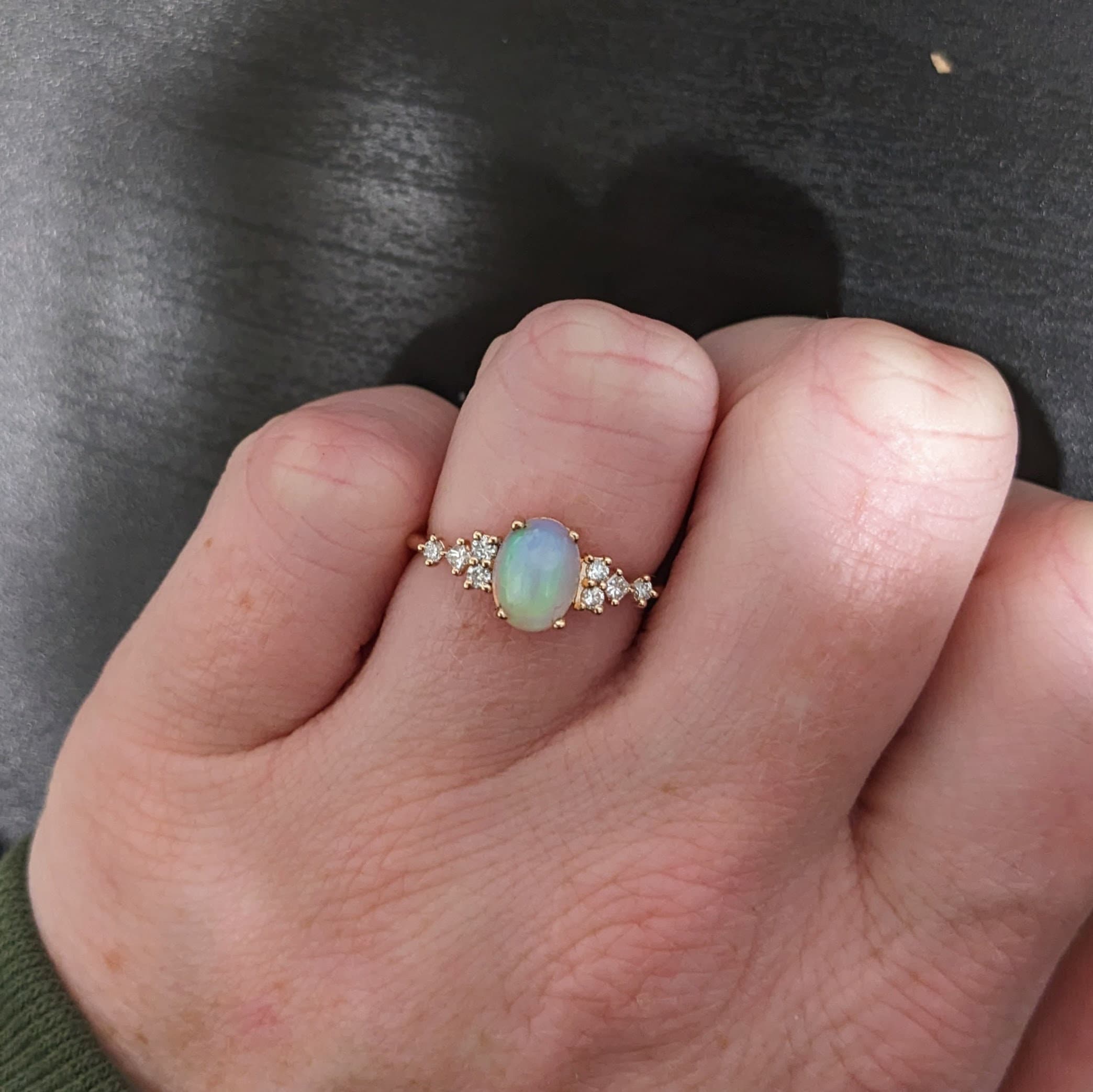 Dainty Opal Ring with Natural Diamond Accents in Solid 14k Rose Gold | Oval 8x6mm | Gemstone Jewelry | October Birthstone | Play of Color