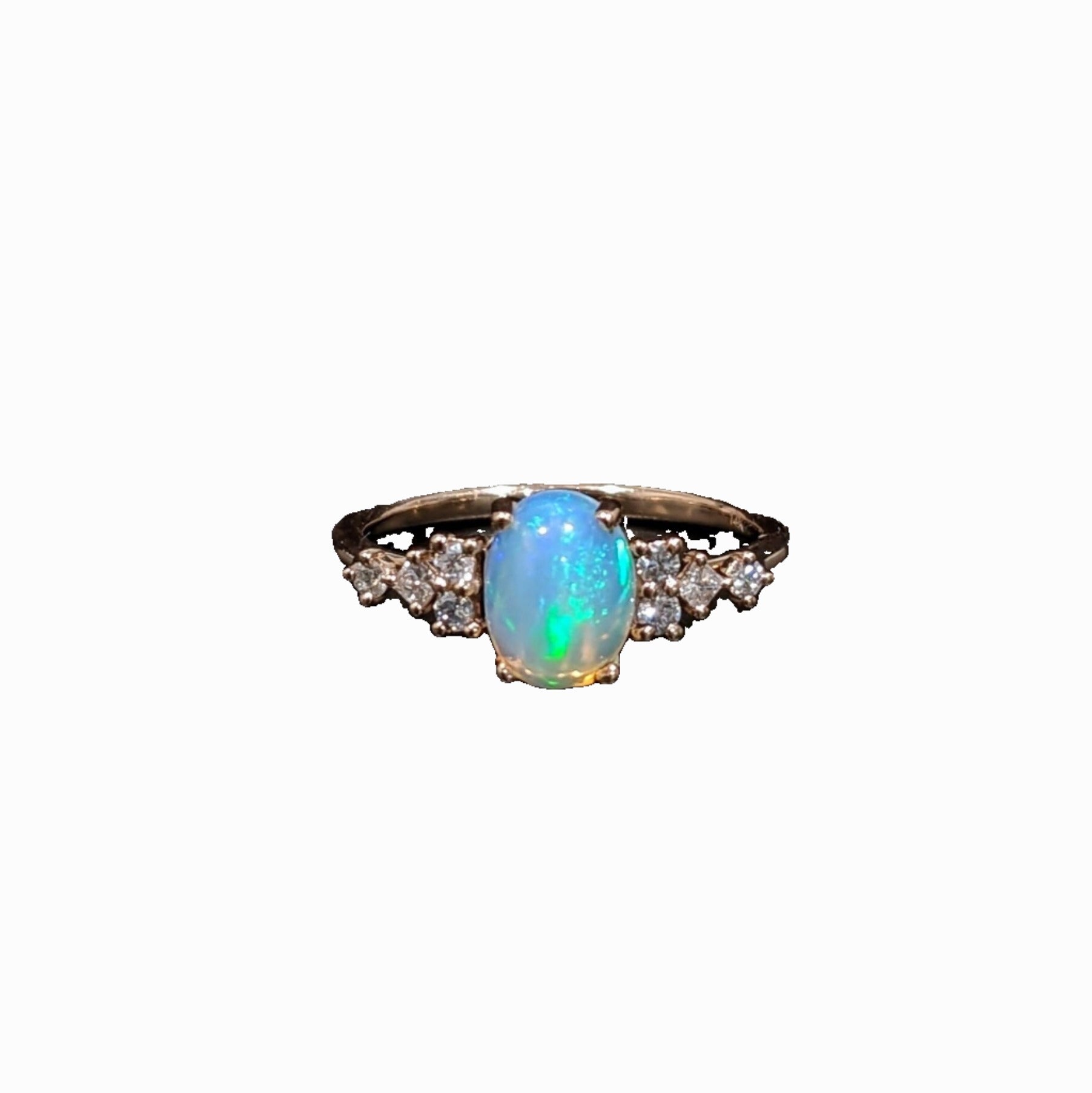 Dainty Opal Ring with Natural Diamond Accents in Solid 14k Rose Gold | Oval 8x6mm | Gemstone Jewelry | October Birthstone | Play of Color