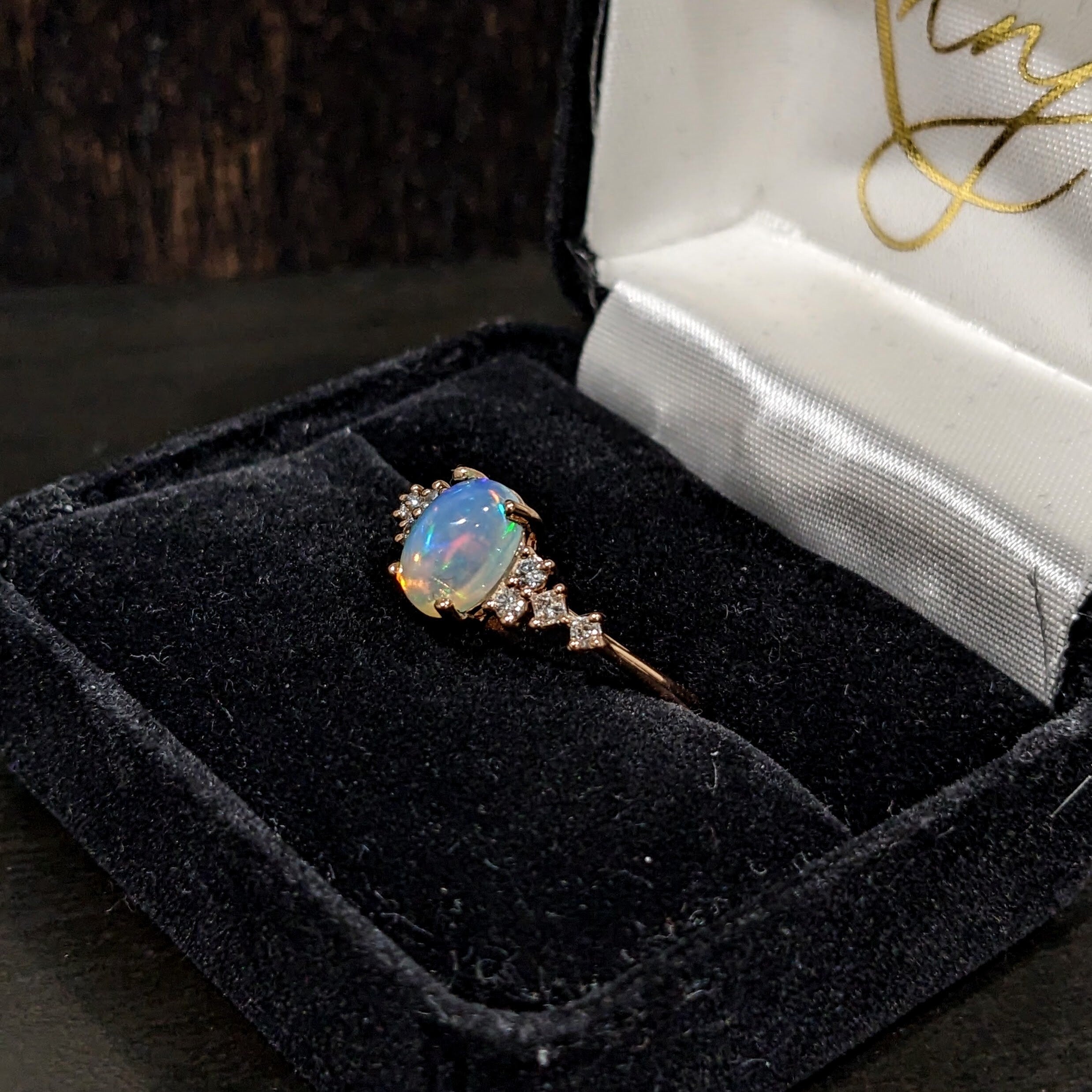 Pretty Opal Ring with Natural Diamond Accents in Solid 14k Rose Gold | Oval 8x6mm | Gemstone Jewelry | October Birthstone