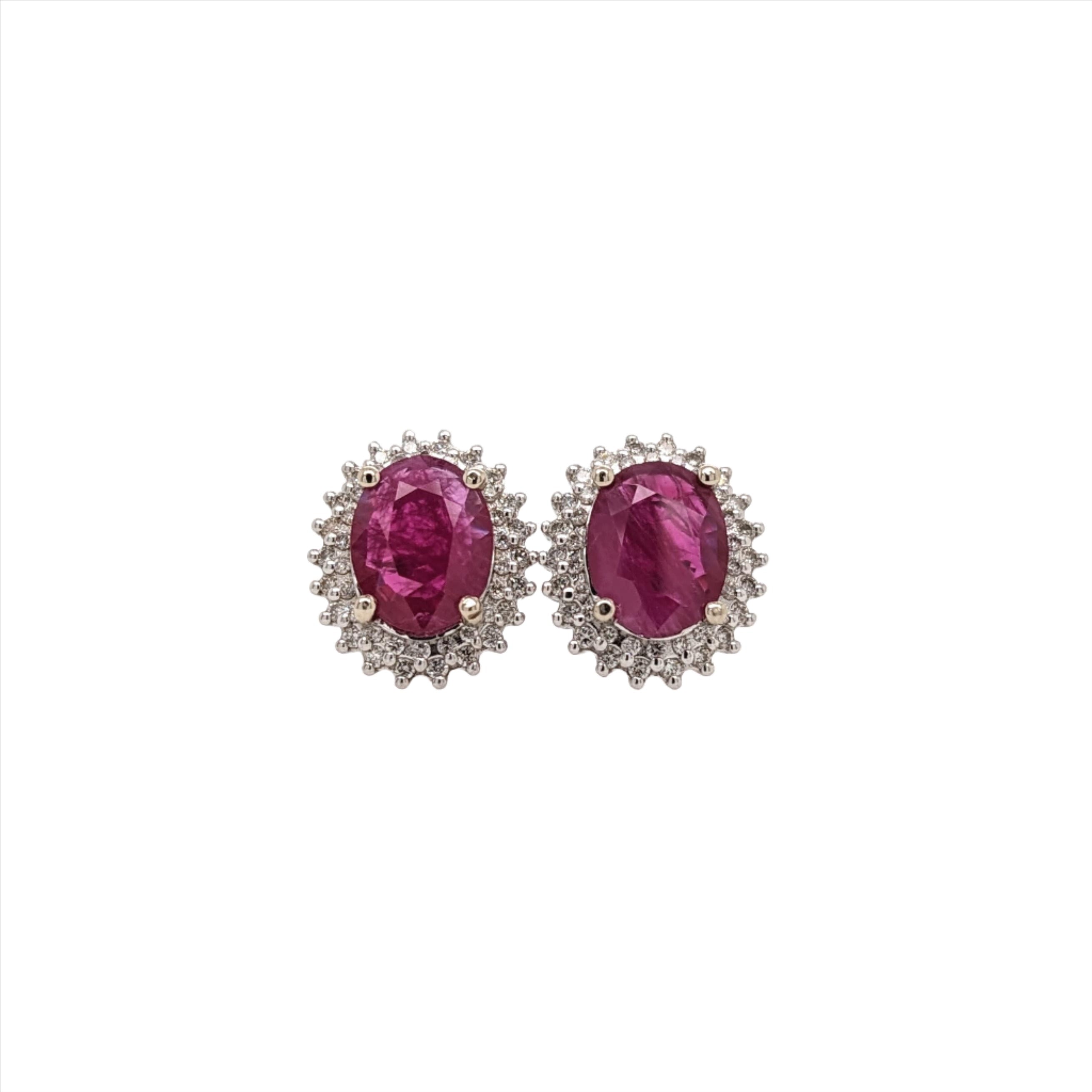 Sunburst Red Ruby Studs in 14k Solid White Gold with Natural Diamond Accents | Oval 9x7mm | July Birthstone | Dainty Studs | Halo |
