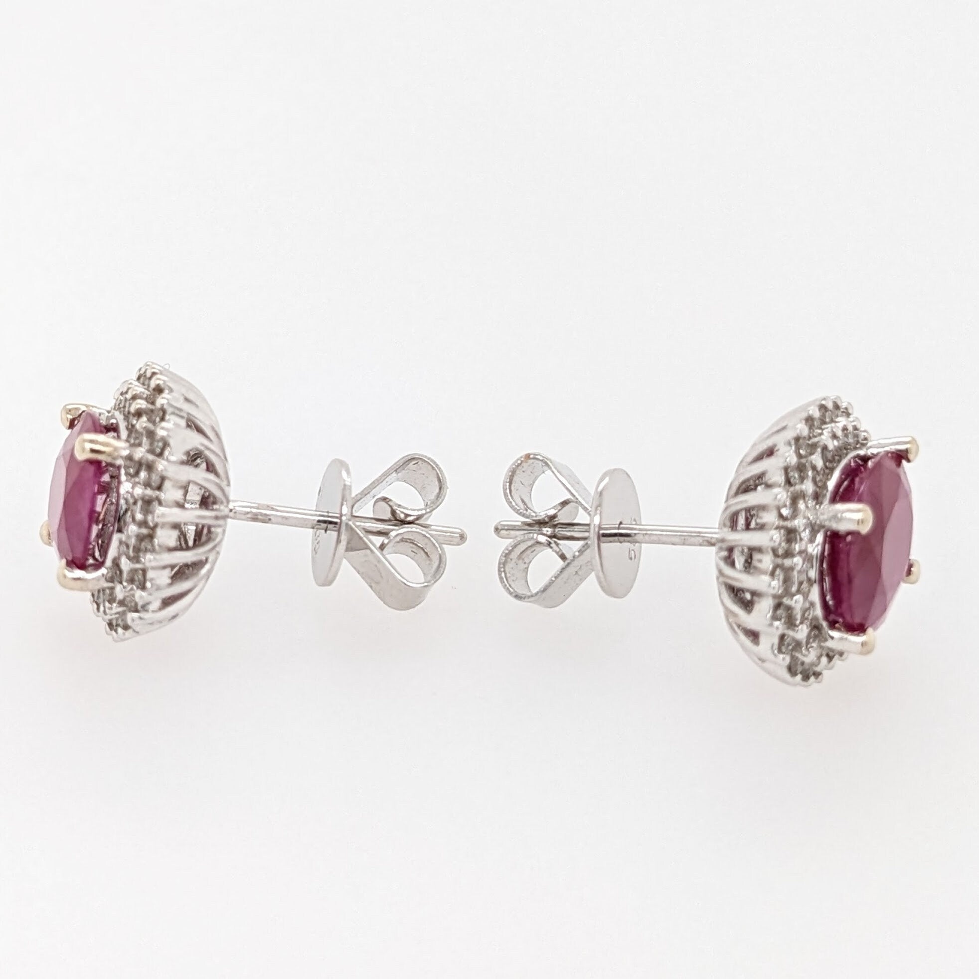Sunburst Red Ruby Studs in 14k Solid White Gold with Natural Diamond Accents | Oval 9x7mm | July Birthstone | Dainty Studs | Halo |