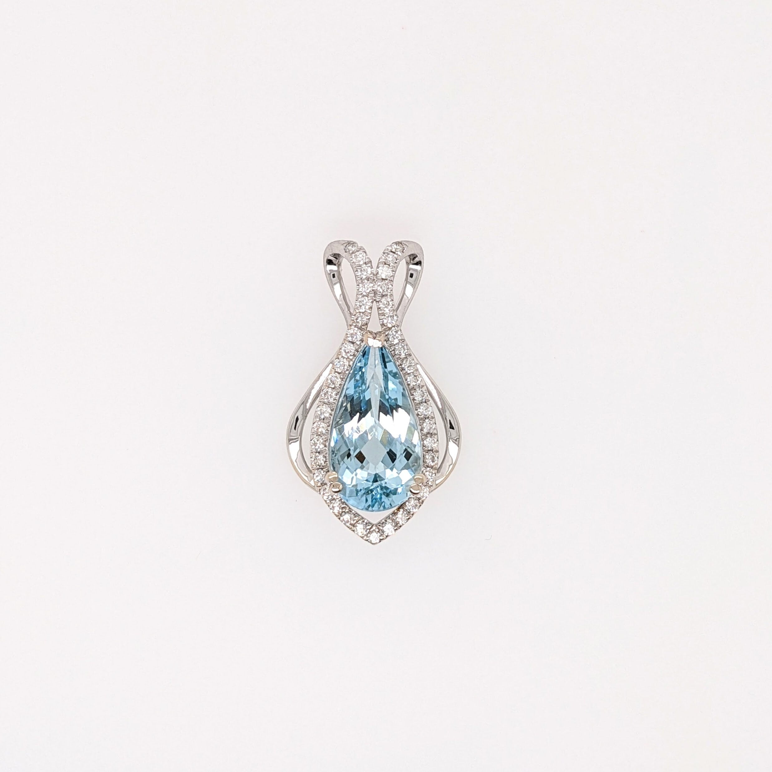 Unique Aquamarine Pendant in Solid 14k White Gold w Natural Diamond Halo || Pear Shape 16x8.5mm || March Birthstone ||