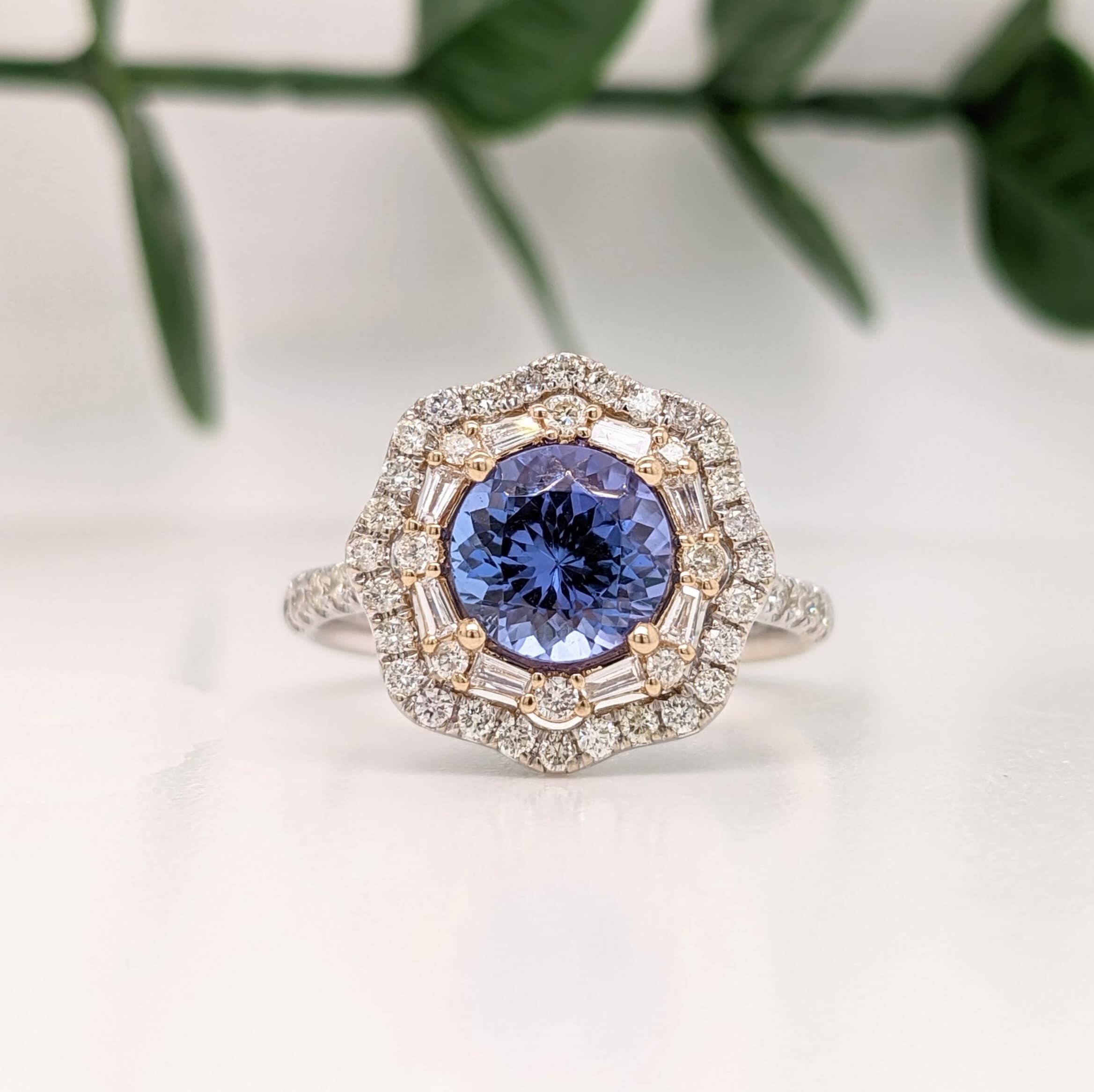 Beautiful Tanzanite Ring in 14K Dual Tone Gold w Natural Diamond Double Halo || Round 7.5mm || December Birthstone || Tapered Shank ||