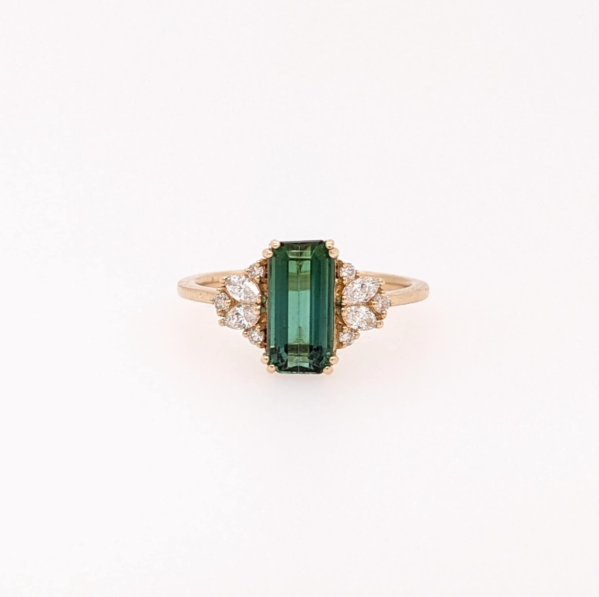 Chrome Tourmaline Ring in 14k Solid Yellow Gold with Natural Diamond Accents | Elongated Emerald Cut 6x5mm | October Birthstone