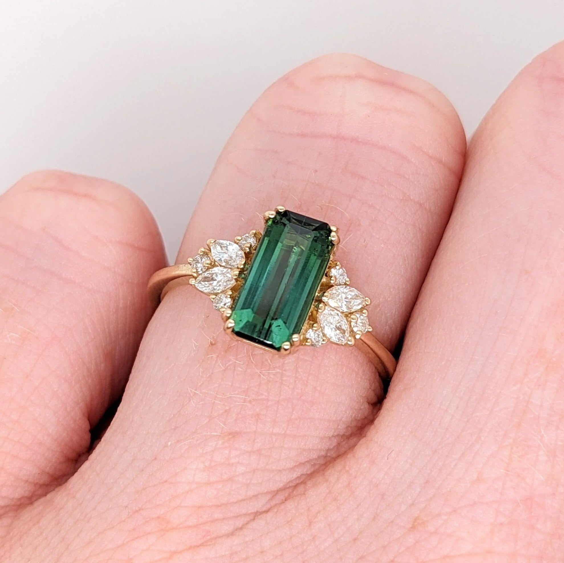 Chrome Tourmaline Ring in 14k Solid Yellow Gold with Natural Diamond Accents | Elongated Emerald Cut 6x5mm | October Birthstone