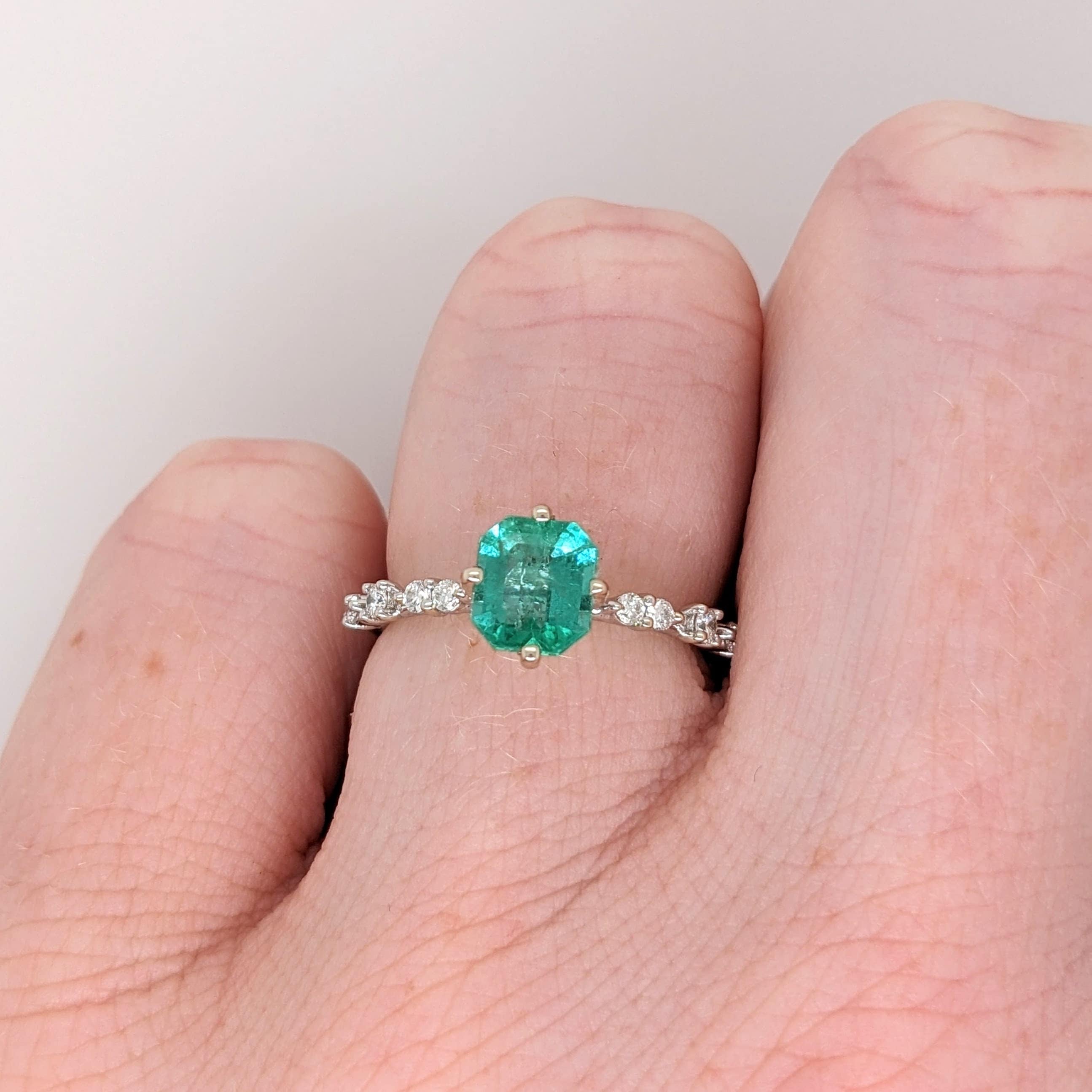 Lovely Emerald Ring in Solid 14k White Gold with Natural Diamond Accents | Cushion Cut | Custom Claw Prongs | May Birthstone | Green Gem |