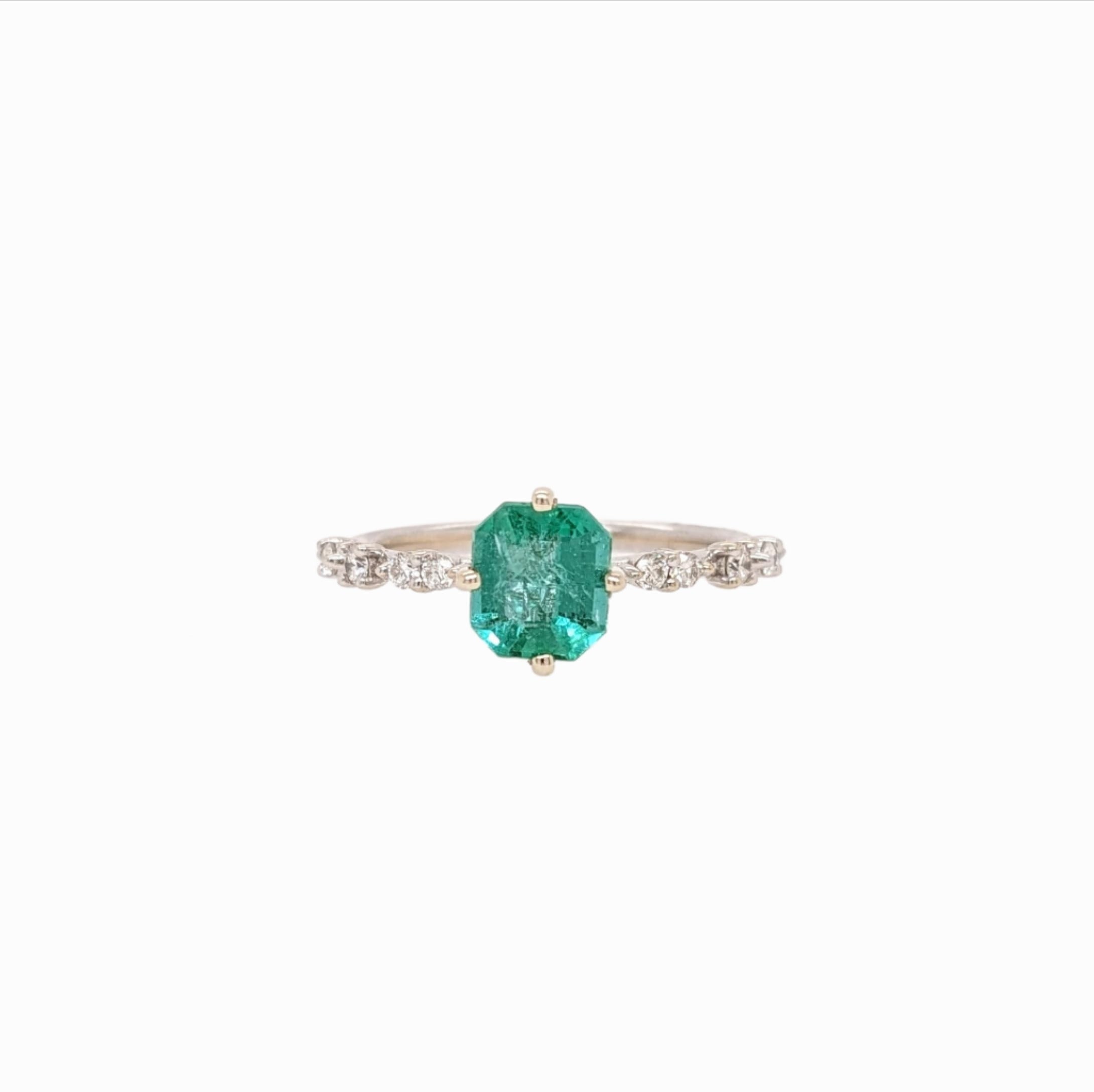 Lovely Emerald Ring in Solid 14k White Gold with Natural Diamond Accents | Cushion Cut | Custom Claw Prongs | May Birthstone | Green Gem |