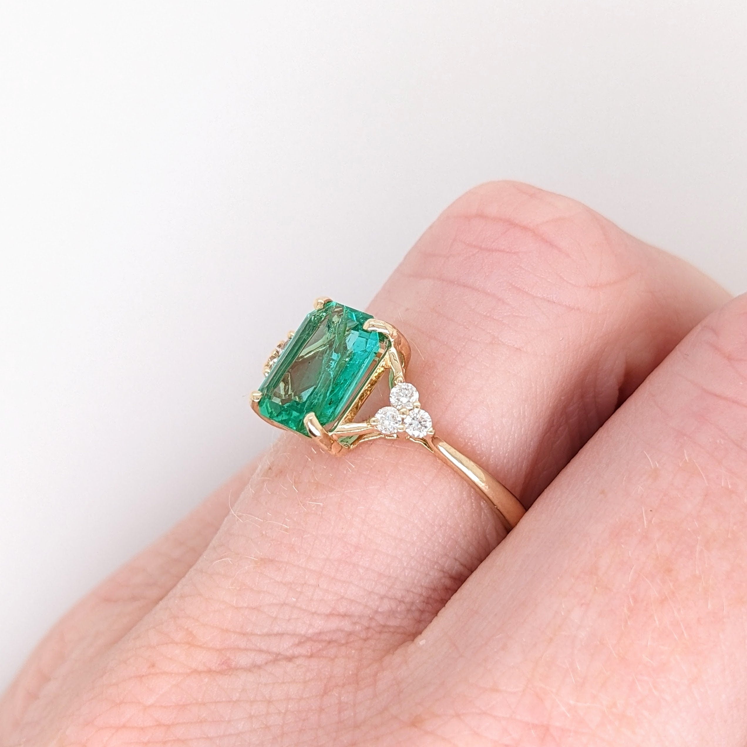 Classic Ethiopian Emerald Ring in Solid 14k Yellow Gold with Natural Diamond Accents | Emerald cut 9x7mm | May Birthstone | Dainty Ring