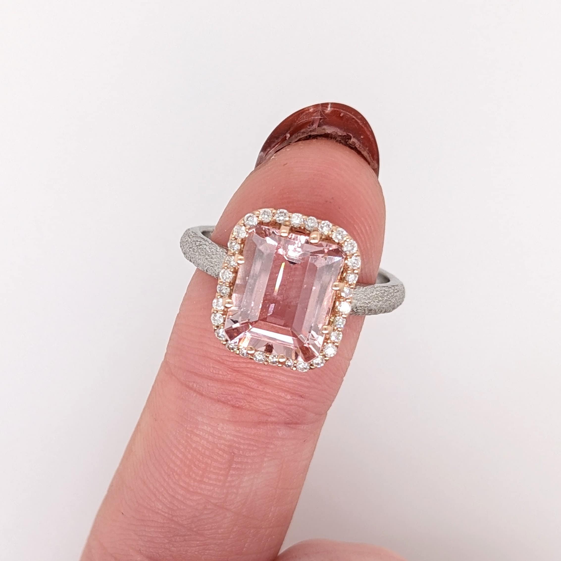 Nature Inspire Pink Morganite Ring with All Natural Diamond Accents in Halo in Solid 14K White and Rose Gold | Emerald Cut 10x8mm