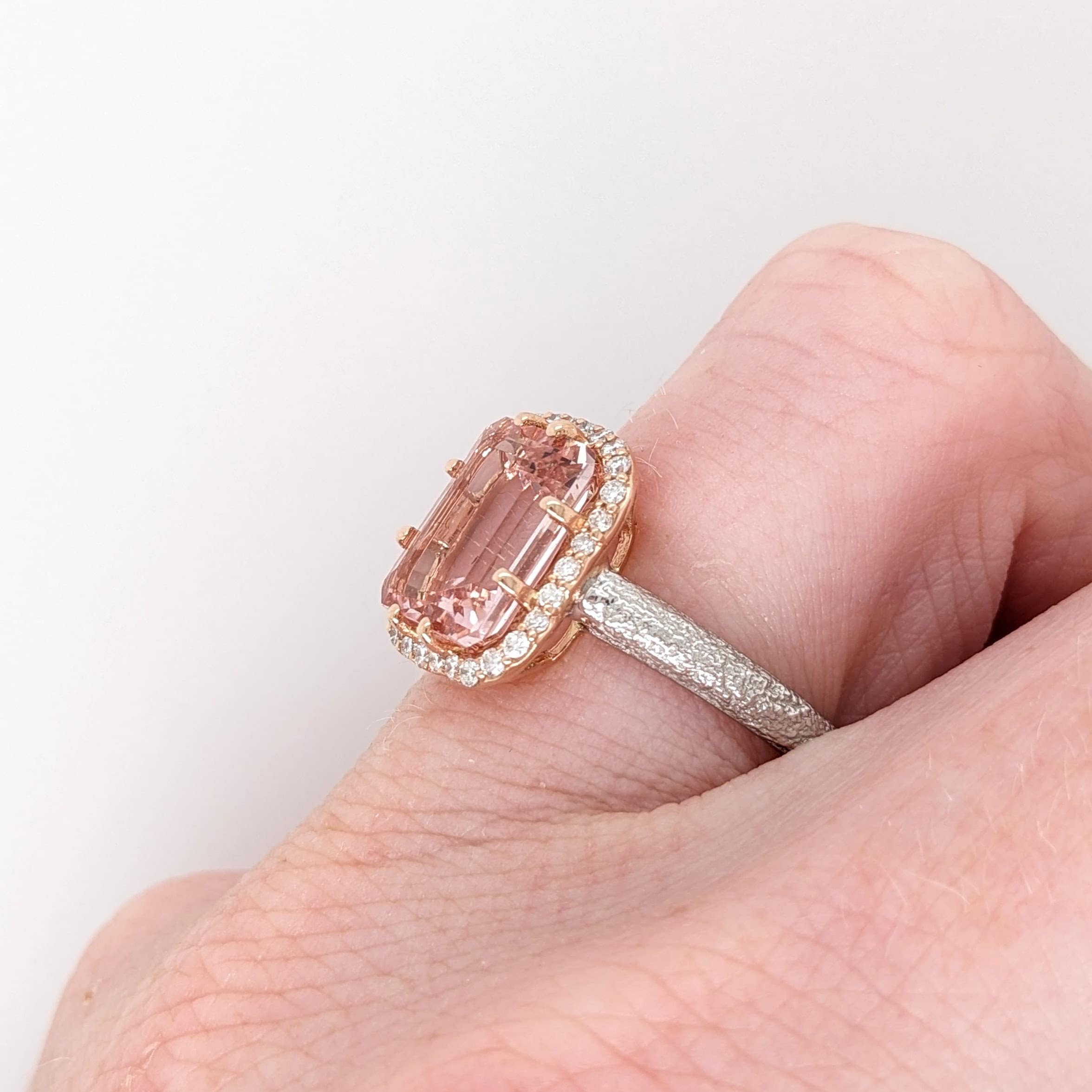 Nature Inspire Pink Morganite Ring with All Natural Diamond Accents in Halo in Solid 14K White and Rose Gold | Emerald Cut 10x8mm