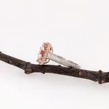 Nature Inspire Pink Morganite Ring with All Natural Diamond Accents in Halo in Solid 14K White and Rose Gold | Emerald Cut 10x8mm