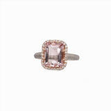 Nature Inspire Pink Morganite Ring with All Natural Diamond Accents in Halo in Solid 14K White and Rose Gold | Emerald Cut 10x8mm