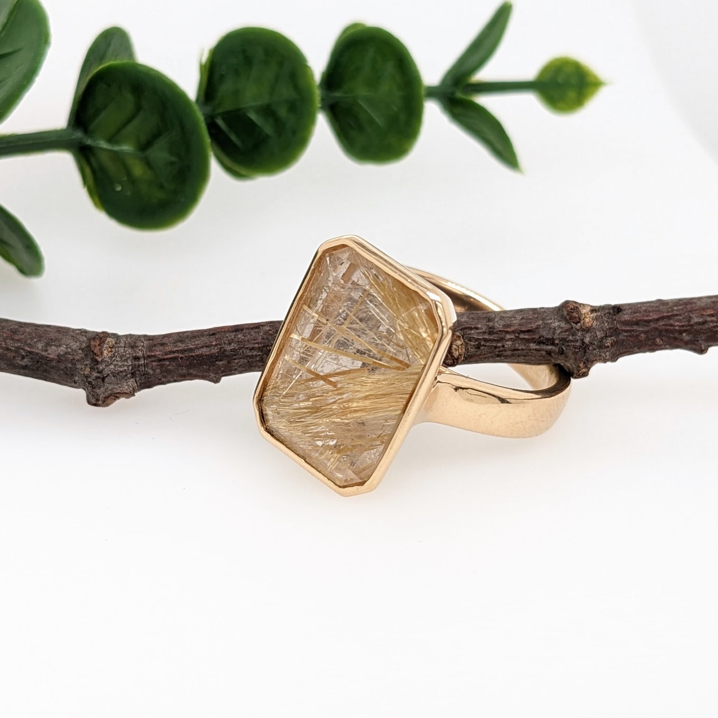 Classic Golden Rutile Quartz Ring in 18K Yellow Gold | Emerald 17x11mm | Solitaire Ring | April Birthstone | Custom