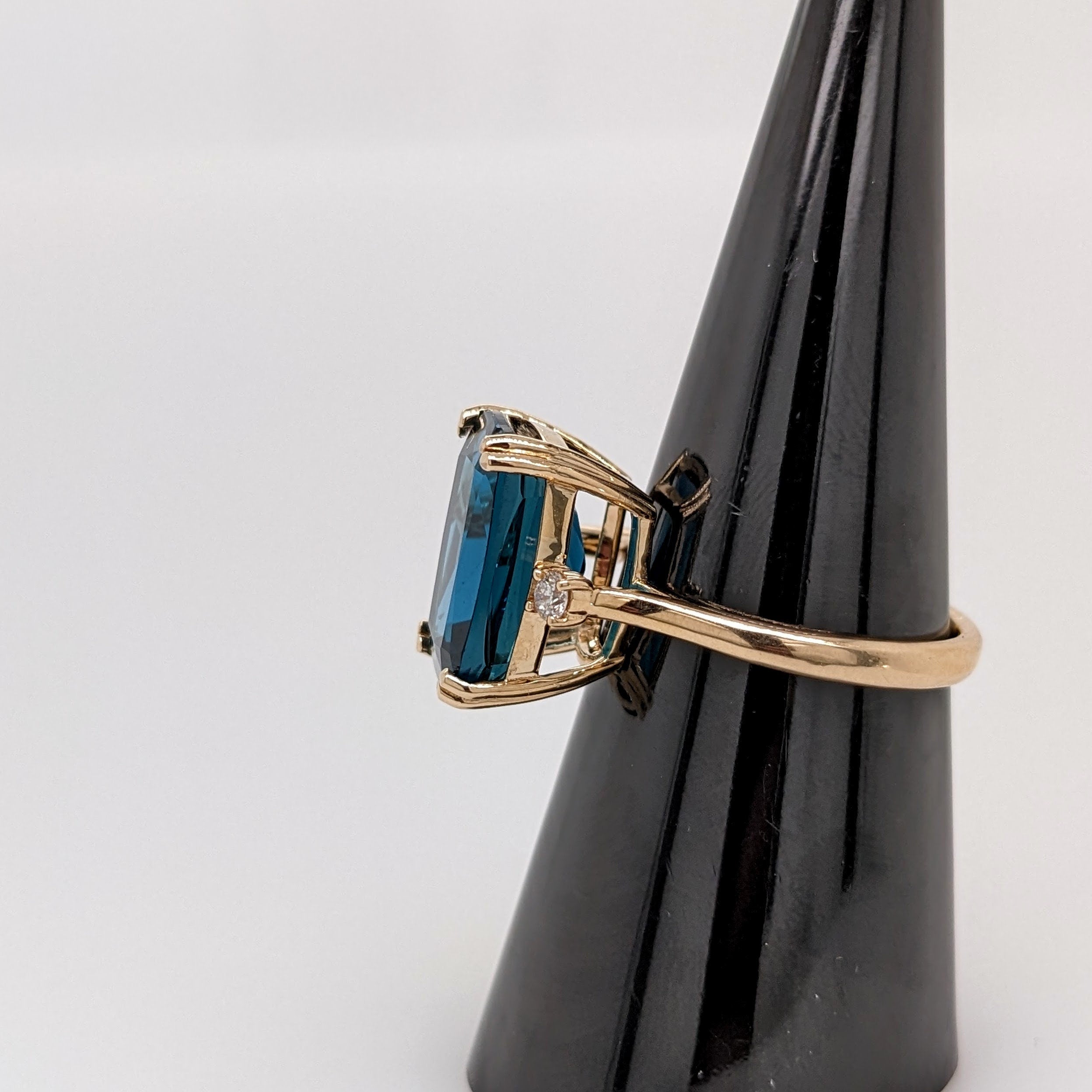 Stunning London Blue Topaz Ring in Solid 14K Yellow Gold w Diamond Accents | Cushion 14x20mm | Solitaire Topaz Ring | November Birthstone