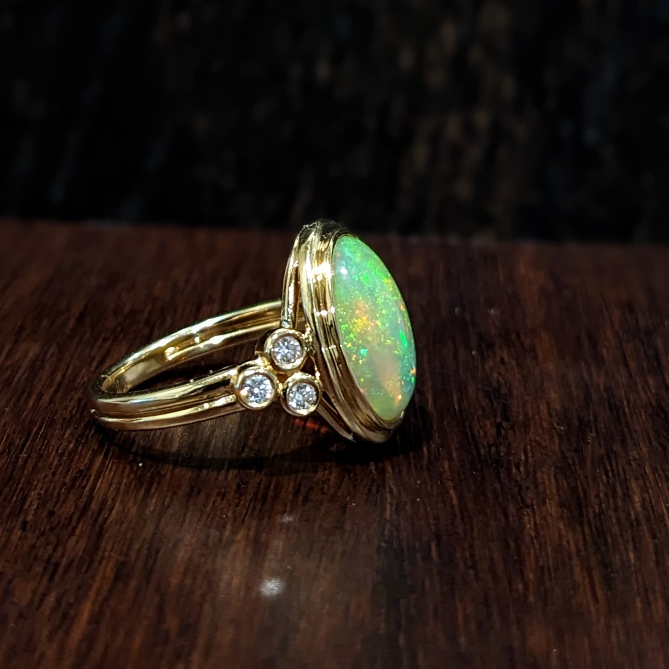 Colorful Ethiopian Opal Ring with Diamond Accents in Solid 14k Yellow Gold | Oval 13x10mm | Double Shank | Gemstone | October Birthstone