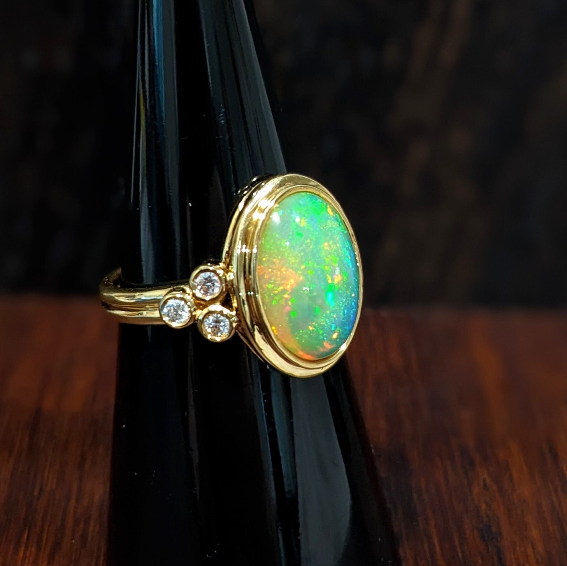 Colorful Ethiopian Opal Ring with Diamond Accents in Solid 14k Yellow Gold | Oval 13x10mm | Double Shank | Gemstone | October Birthstone