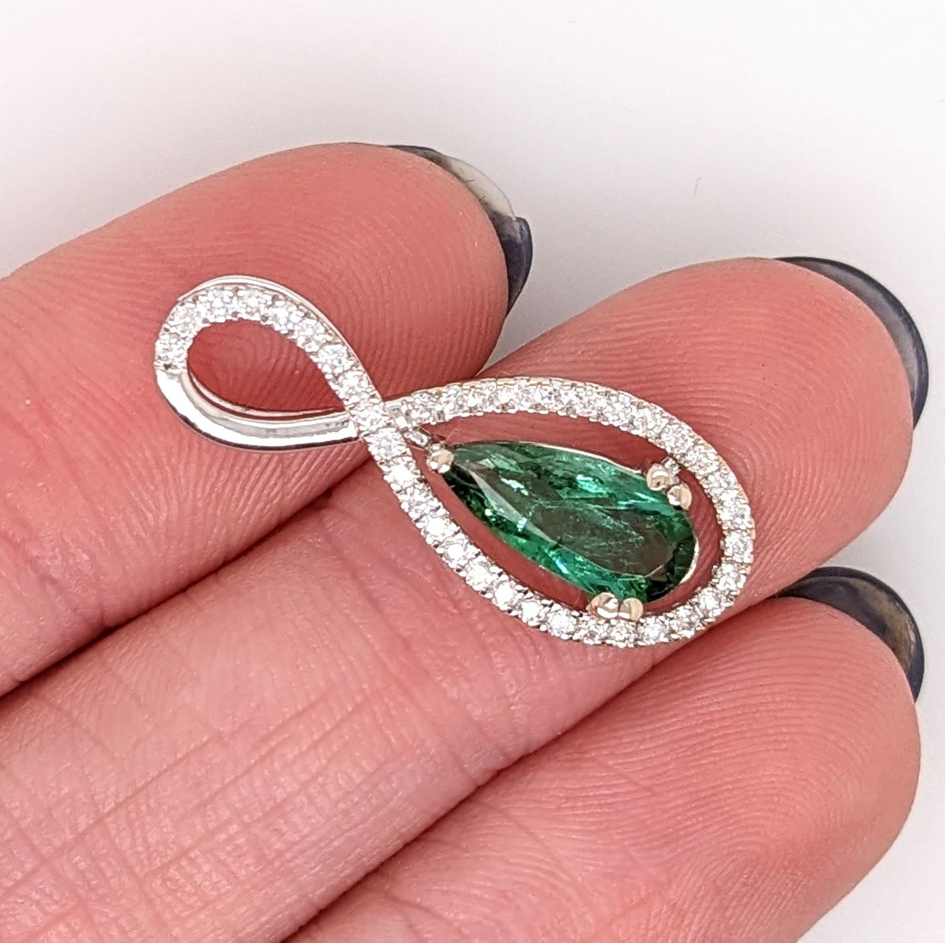 Pendants-Beautiful Green Tourmaline Pendant in Solid 14K White Gold with Natural Diamond Accents || Pear Shape 11x5mm || October Birthstone || - NNJGemstones