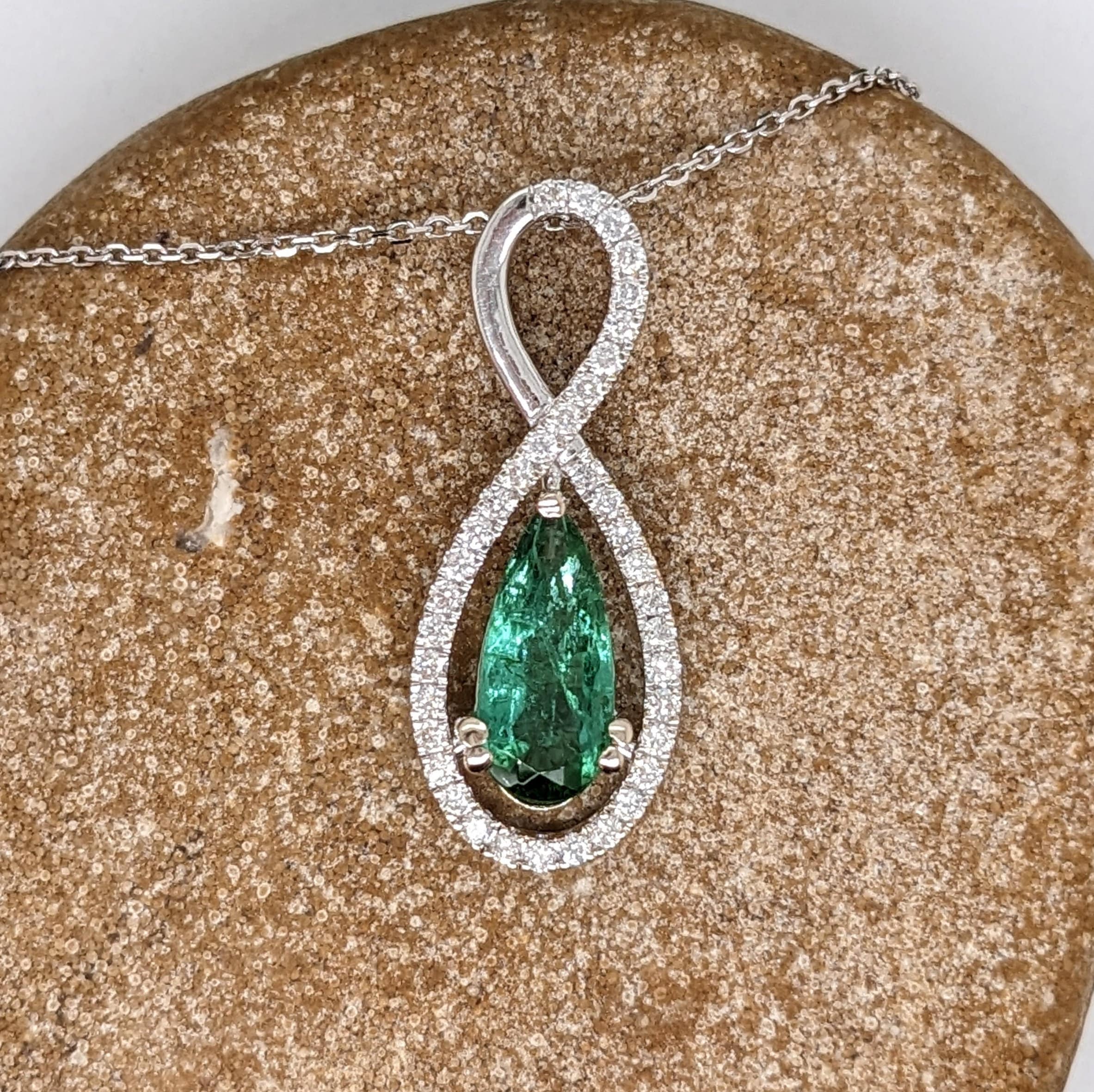 Pendants-Beautiful Green Tourmaline Pendant in Solid 14K White Gold with Natural Diamond Accents || Pear Shape 11x5mm || October Birthstone || - NNJGemstones
