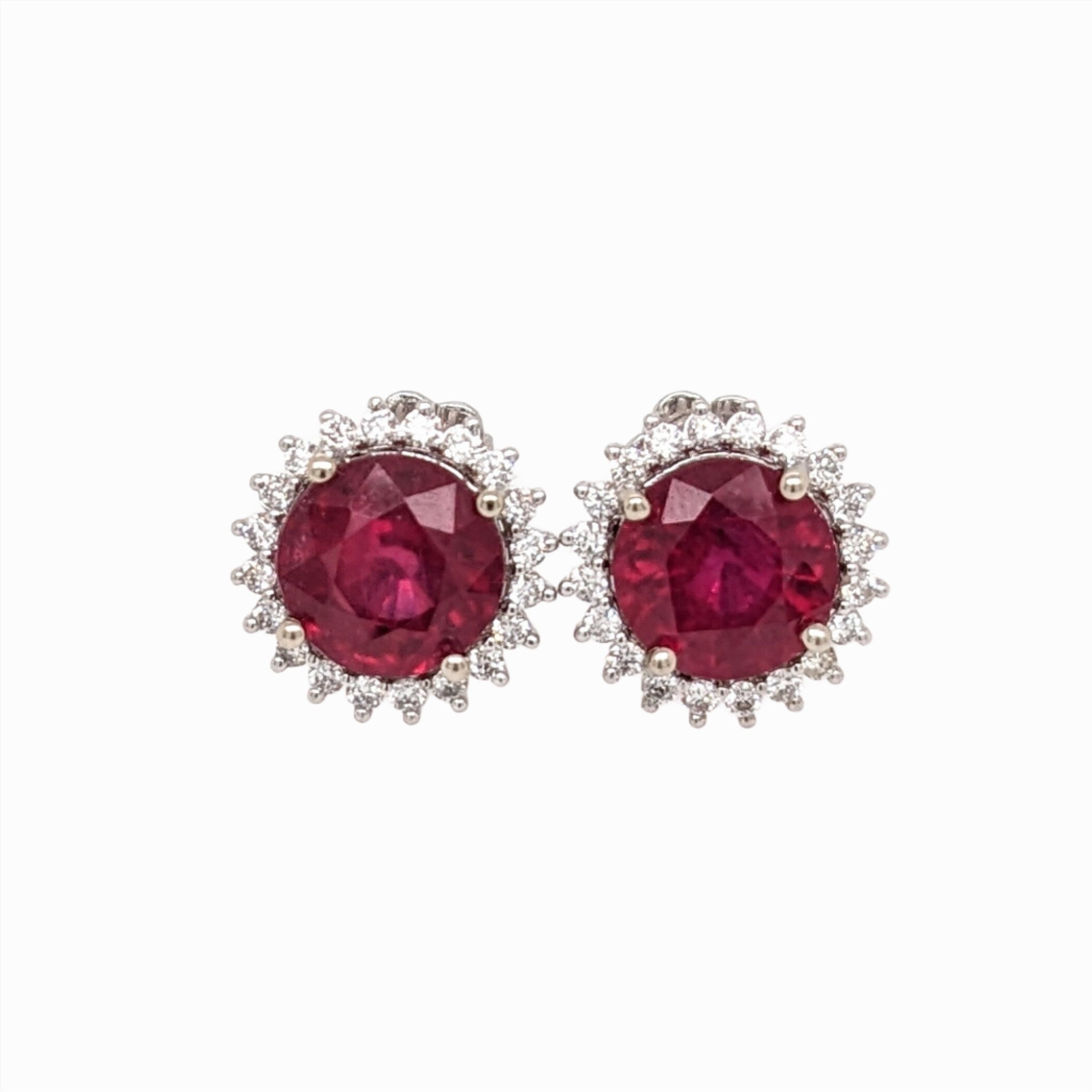 Dangle & Drop Earrings-Beautiful Red Ruby Studs in 14k Solid White Gold with a Natural Diamond Halo | Round | July Birthstone | Dainty Studs - NNJGemstones