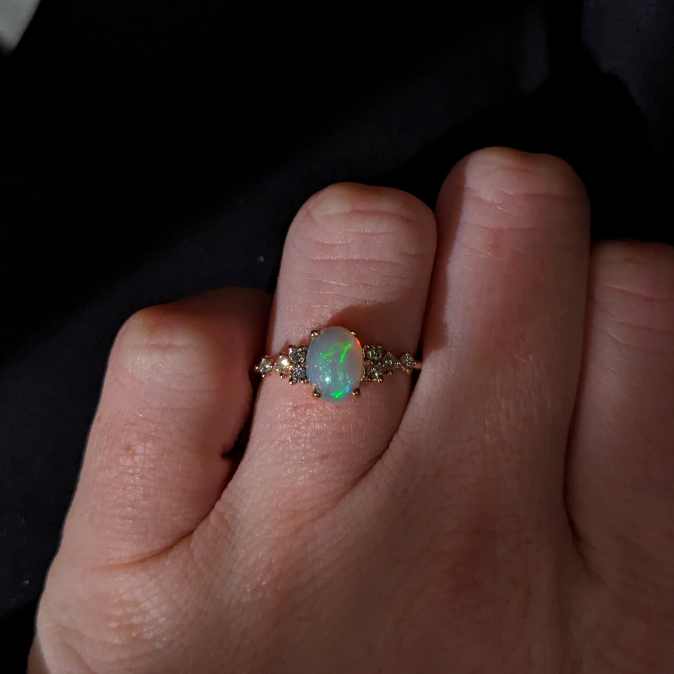 Pretty Opal Ring with Natural Diamond Accents in Solid 14k Rose Gold | Oval 8x6mm | Gemstone Jewelry | October Birthstone