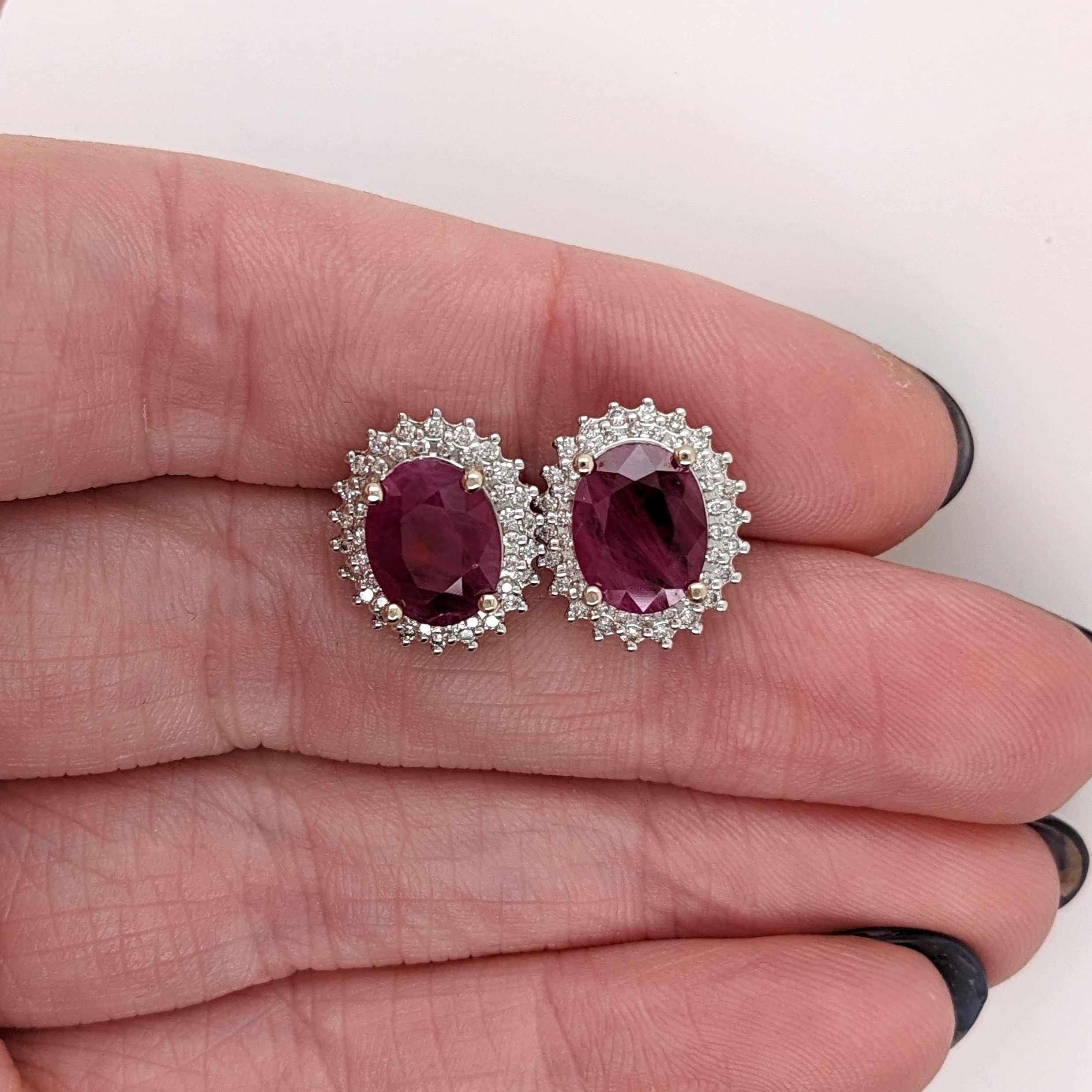 Sunburst Red Ruby Studs in 14k Solid White Gold with Natural Diamond Accents | Oval 9x7mm | July Birthstone | Dainty Studs | Halo |