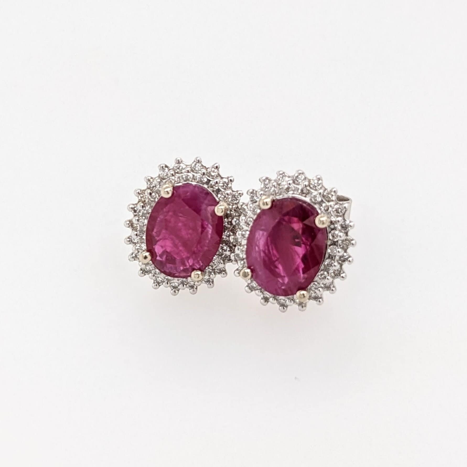 Sunburst Red Ruby Studs in 14k Solid White Gold with Natural Diamond Accents | Oval 9x7mm | July Birthstone | Dainty Studs | Halo |