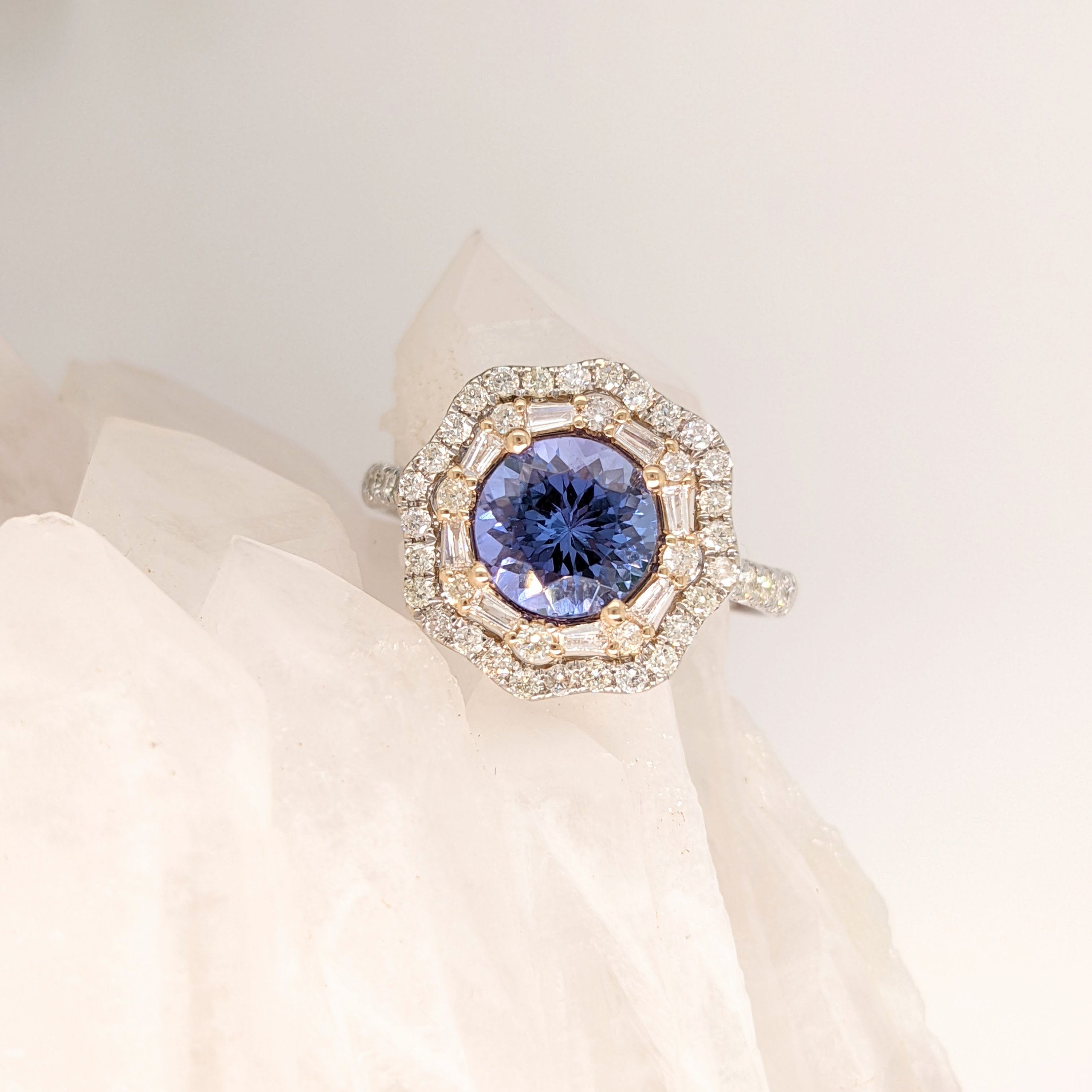 Beautiful Tanzanite Ring in 14K Dual Tone Gold w Natural Diamond Double Halo || Round 7.5mm || December Birthstone || Tapered Shank ||