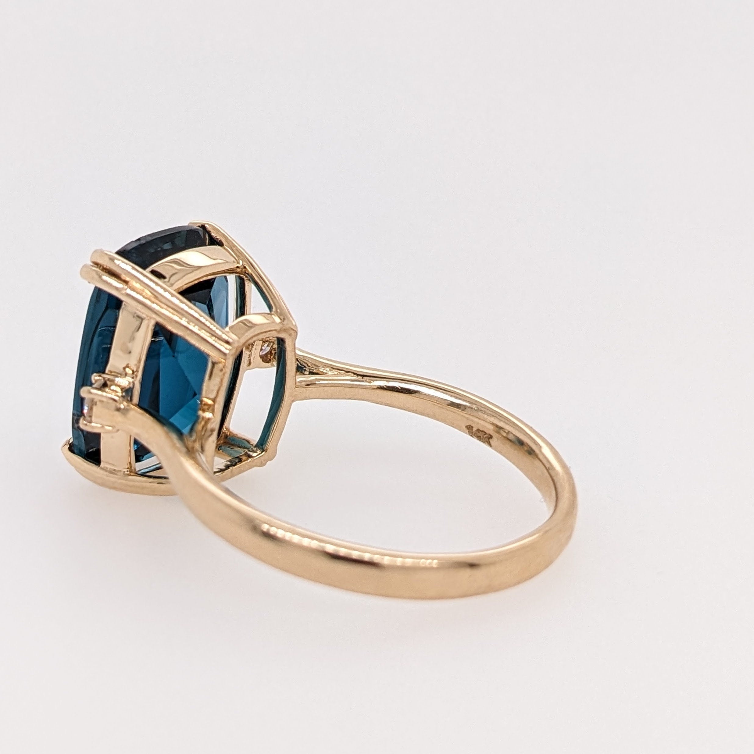 Stunning London Blue Topaz Ring in Solid 14K Yellow Gold w Diamond Accents | Cushion 14x20mm | Solitaire Topaz Ring | November Birthstone