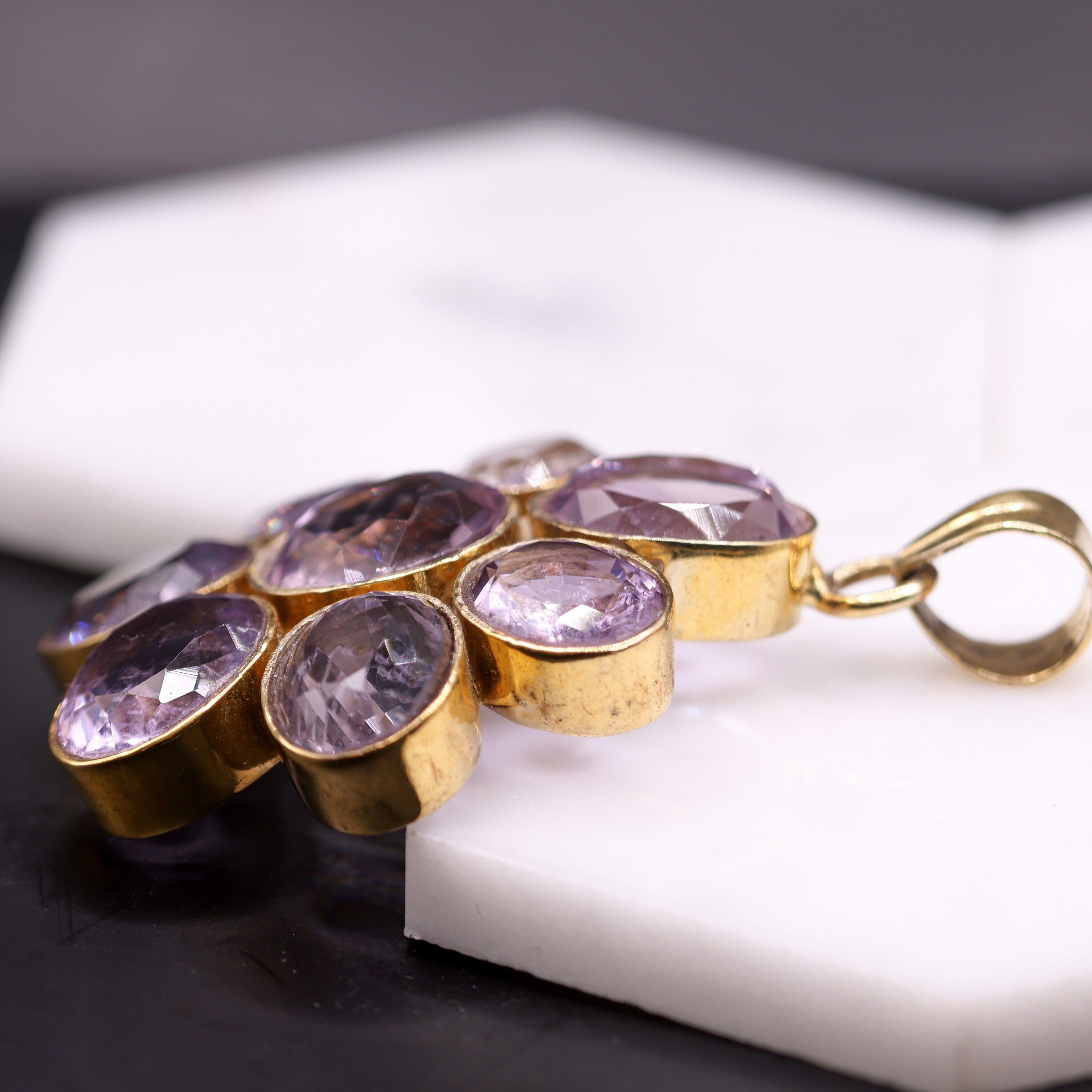 Pendants-Pretty Amethyst Flower Pendant in Solid Vermeil || Oval 15mm || Previously Loved || Purple Gemstone || February Birthstone || - NNJGemstones