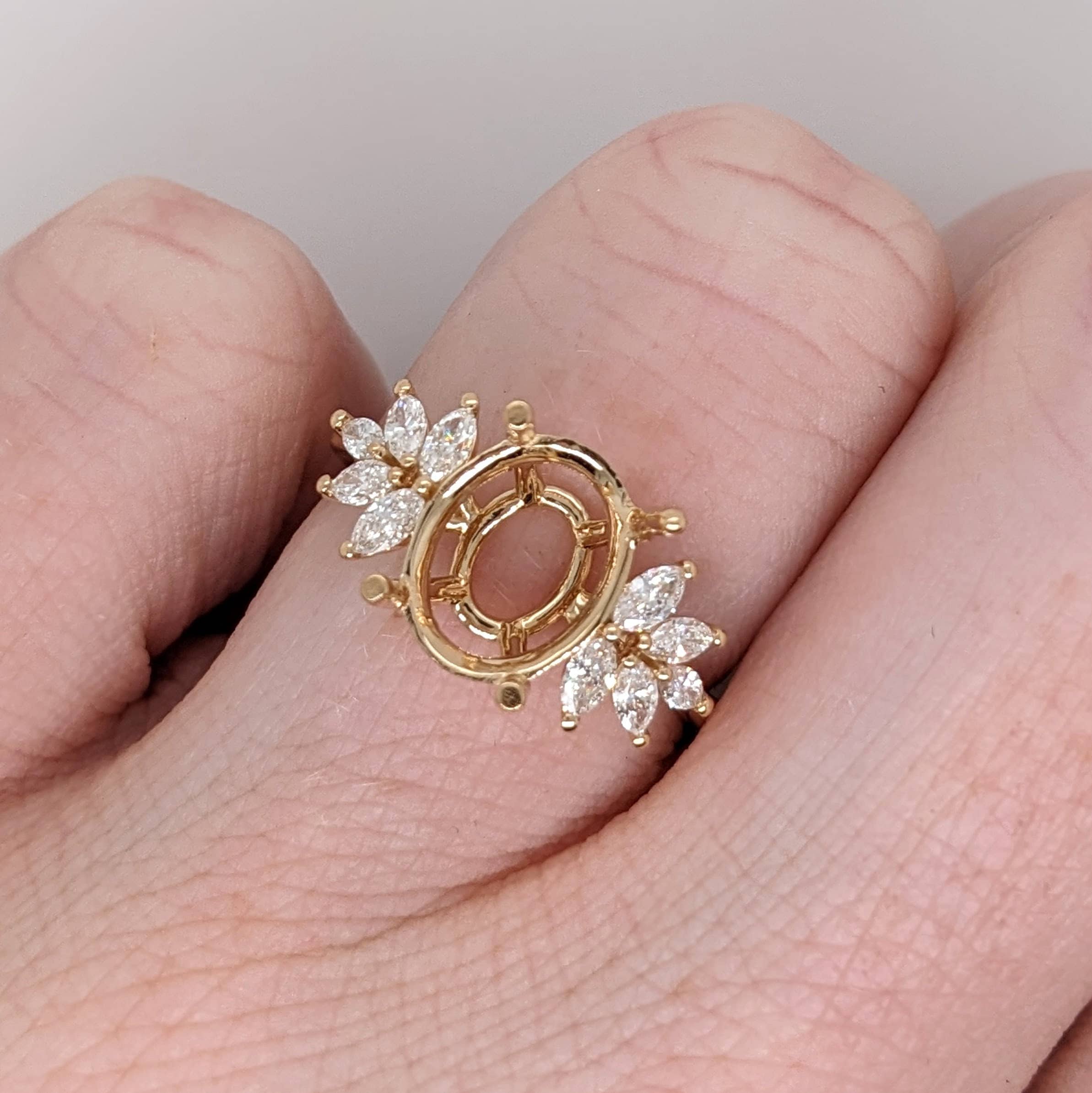 Statement Rings-Oval Ring Semi Mount in Solid 14k White, Yellow or Rose Gold with Natural Diamond Accents | Oval 10x8mm | Gemstone Setting | Customizable - NNJGemstones