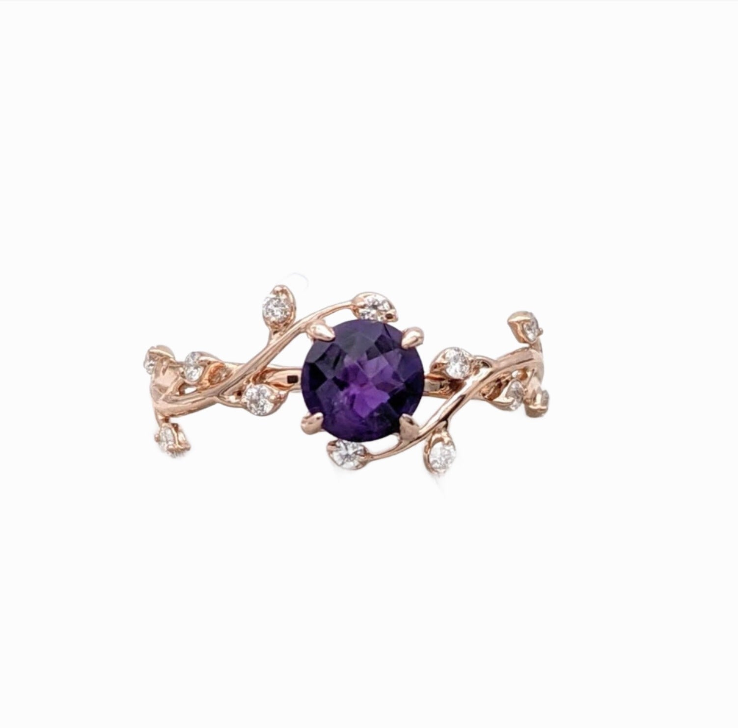 Statement Rings-Amethyst Vine Ring w All Natural Diamond Accents in Solid 14k Gold || Round 5mm || Earth Mined || February Birthstone || Customizable - NNJGemstones