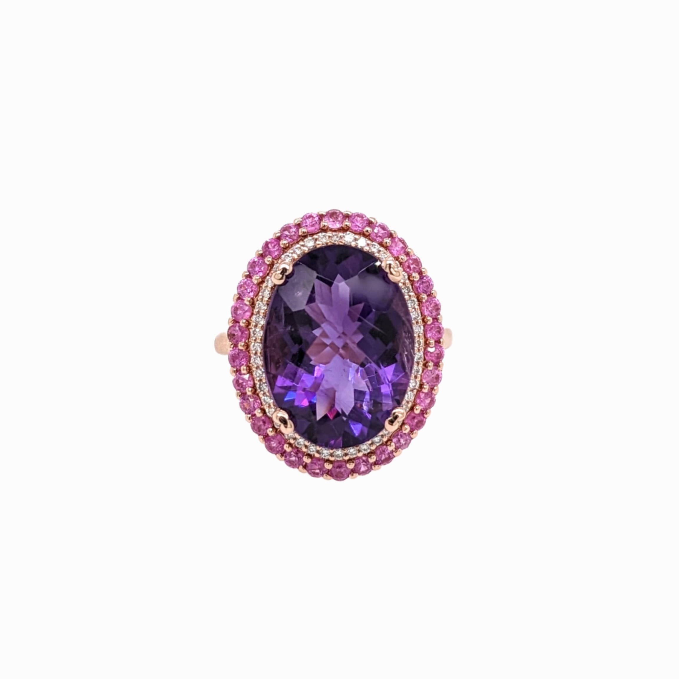 Statement Rings-Royal Purple Amethyst Ring with Pink Sapphire and Natural Diamond Accents in Solid 14K Rose Gold || Oval 11x8mm || February Birthstone || - NNJGemstones